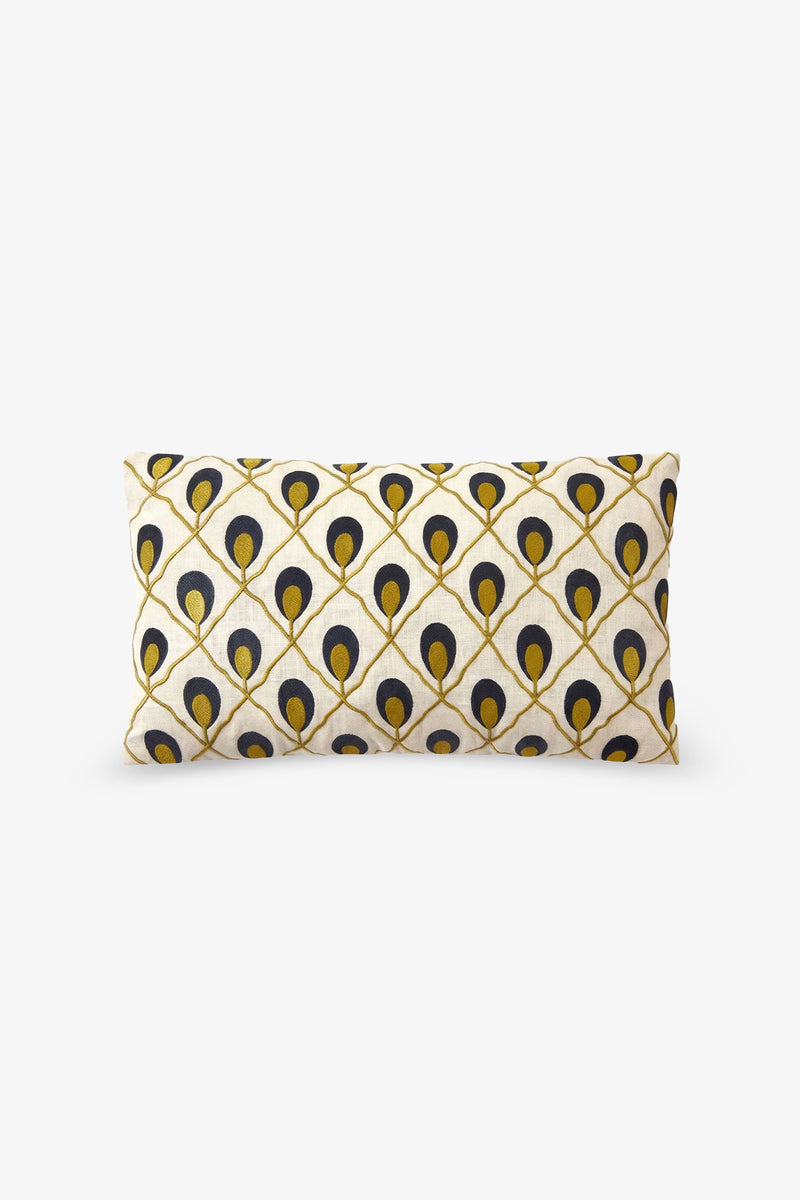 Roseville Embroidered Lumbar Pillow featuring a repeating geometric pattern in yellow and black that resembles stylized peacock feathers, arranged in a grid on a rectangular white background.