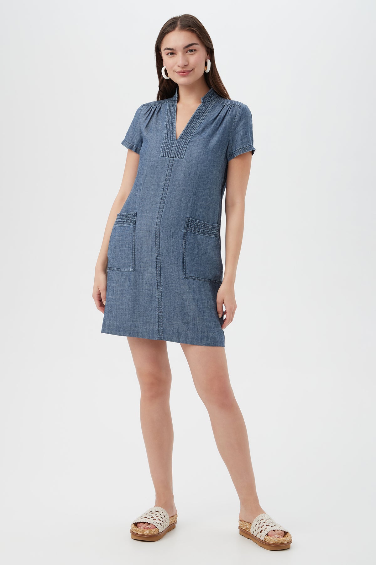 short sleeve chambray dress Suntan Chambray Dress