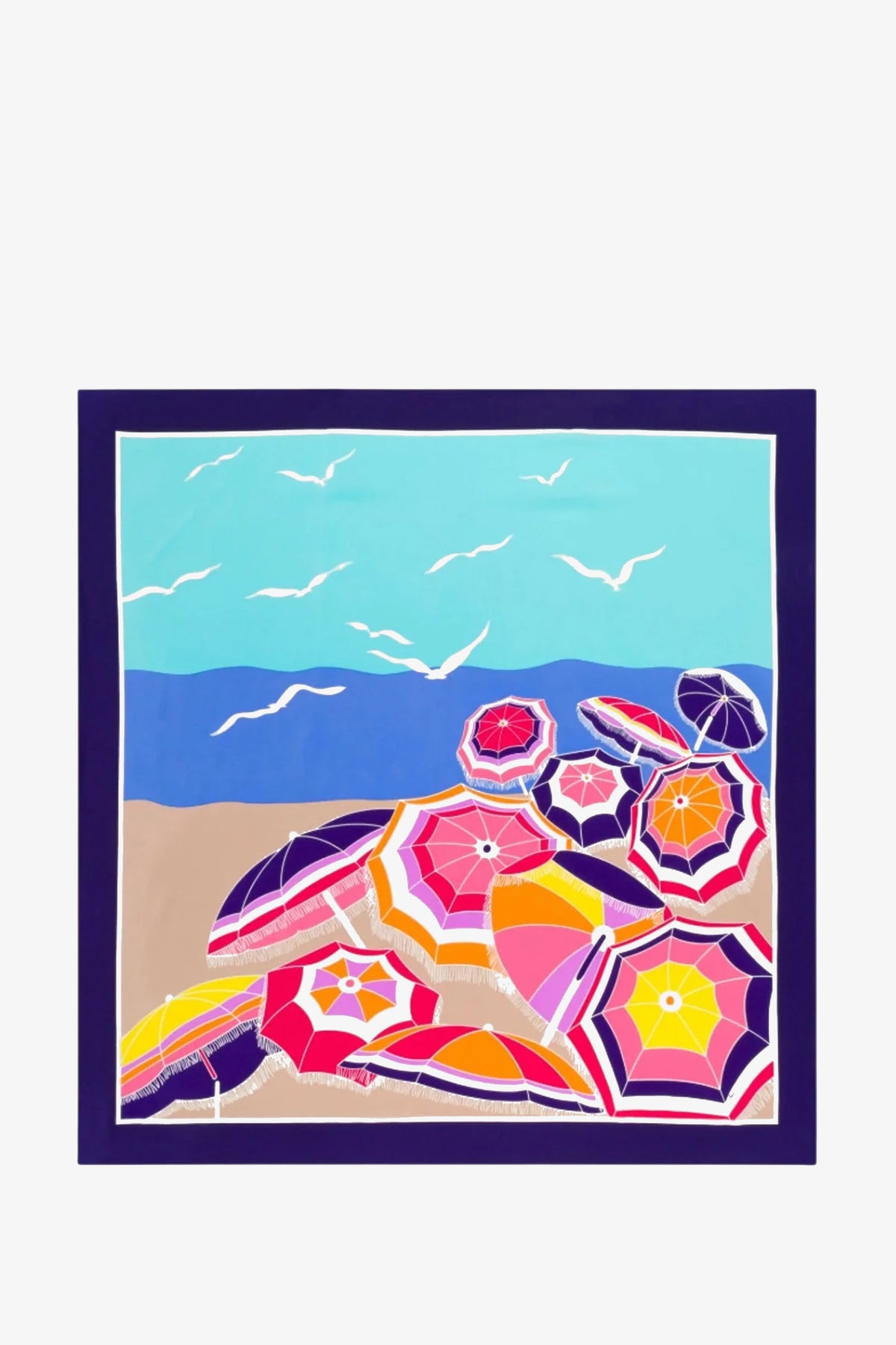 A vibrant illustration on the Umbrella Scarf features a lively beach scene with pink, red, and purple umbrellas scattered across sandy shores, set against rolling blue ocean waves and a bright sky where white seagulls soar overhead, all framed by a solid dark blue border.