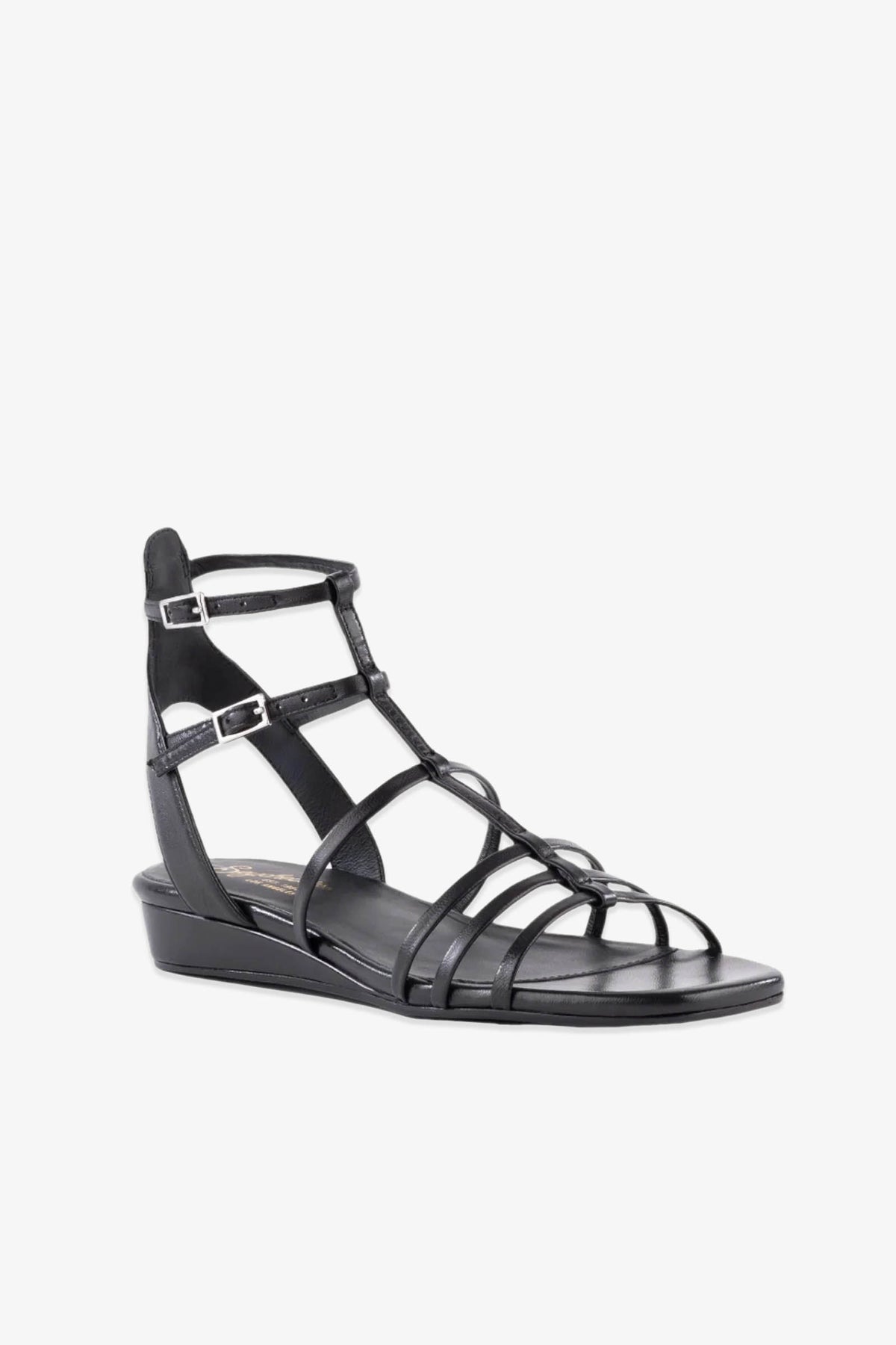 The Luxurious Wedge Sandal - Black Leather features a strappy gladiator design with a low wedge heel, open toe, and two silver buckle ankle straps, displayed against a plain white background.