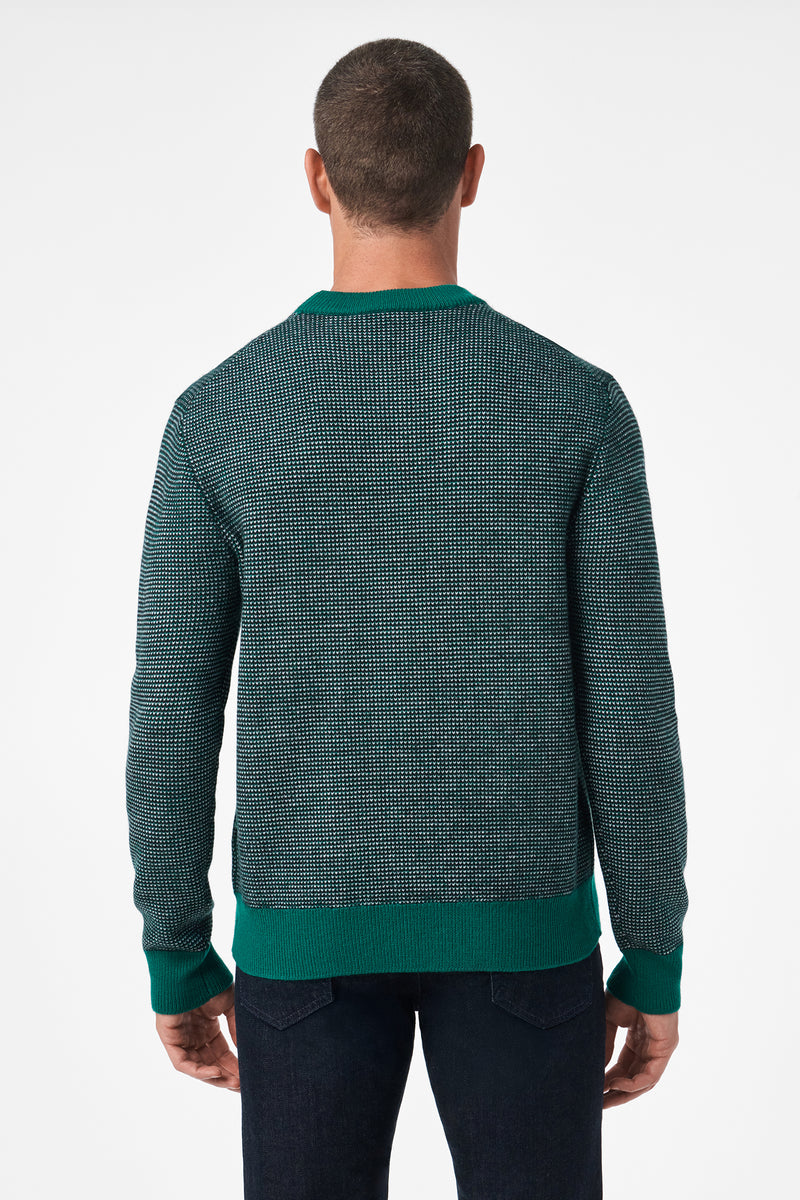A person with short hair is shown from the back, wearing the Ezra Crewneck—a green and black textured sweater with solid green cuffs and waistband—paired with dark jeans, standing against a plain white background.