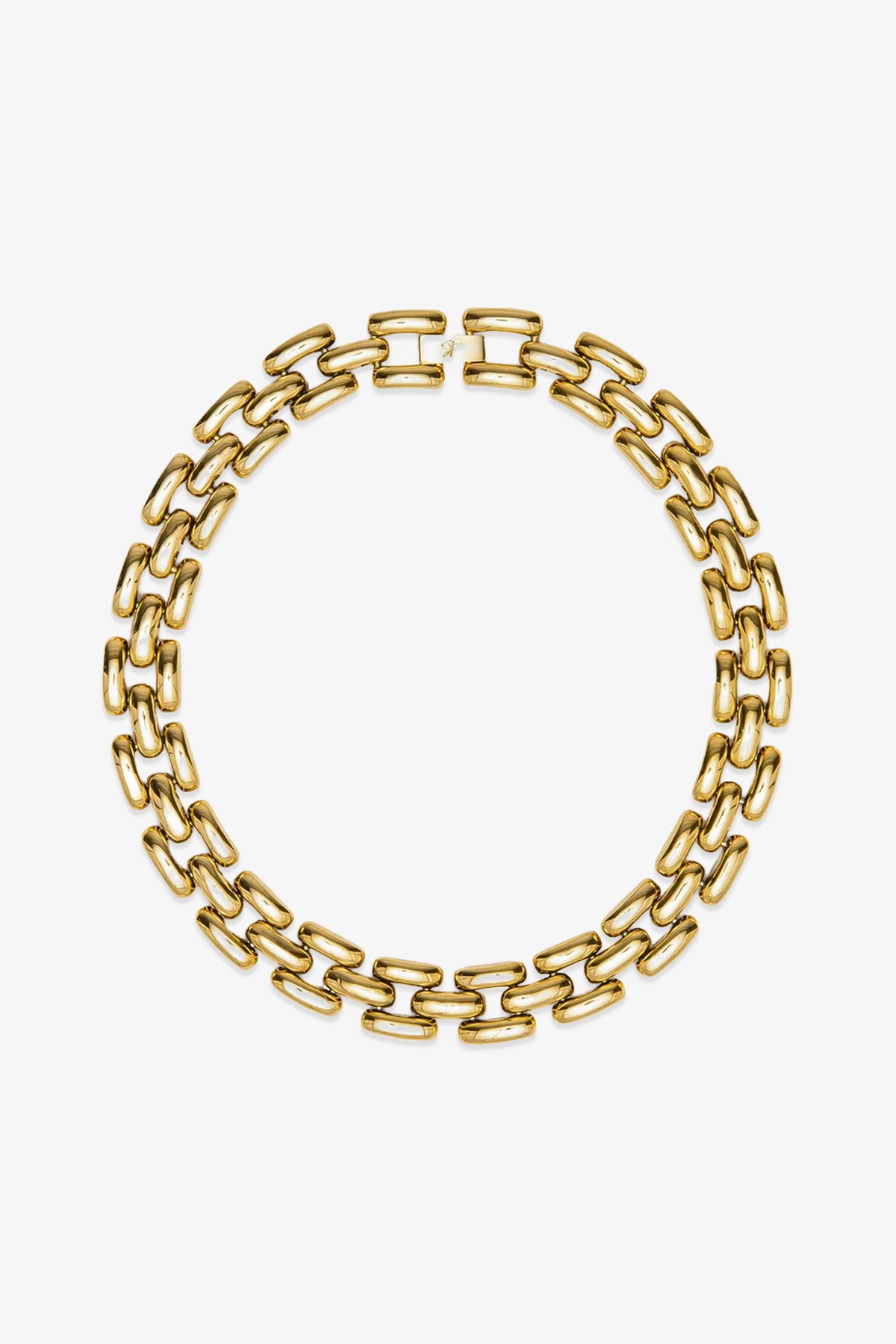 The Phoebe 17″ Necklace features two rows of interlocking rectangular gold links, arranged in a circular shape, displayed against a white background.