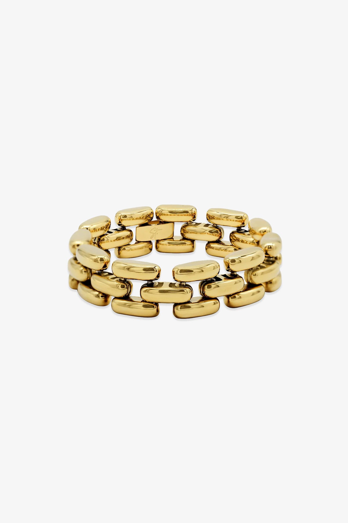 The Phoebe Bracelet features a gold-tone, chunky chain-link design with rectangular, interlocking links arranged in three rows, displayed against a white background.
