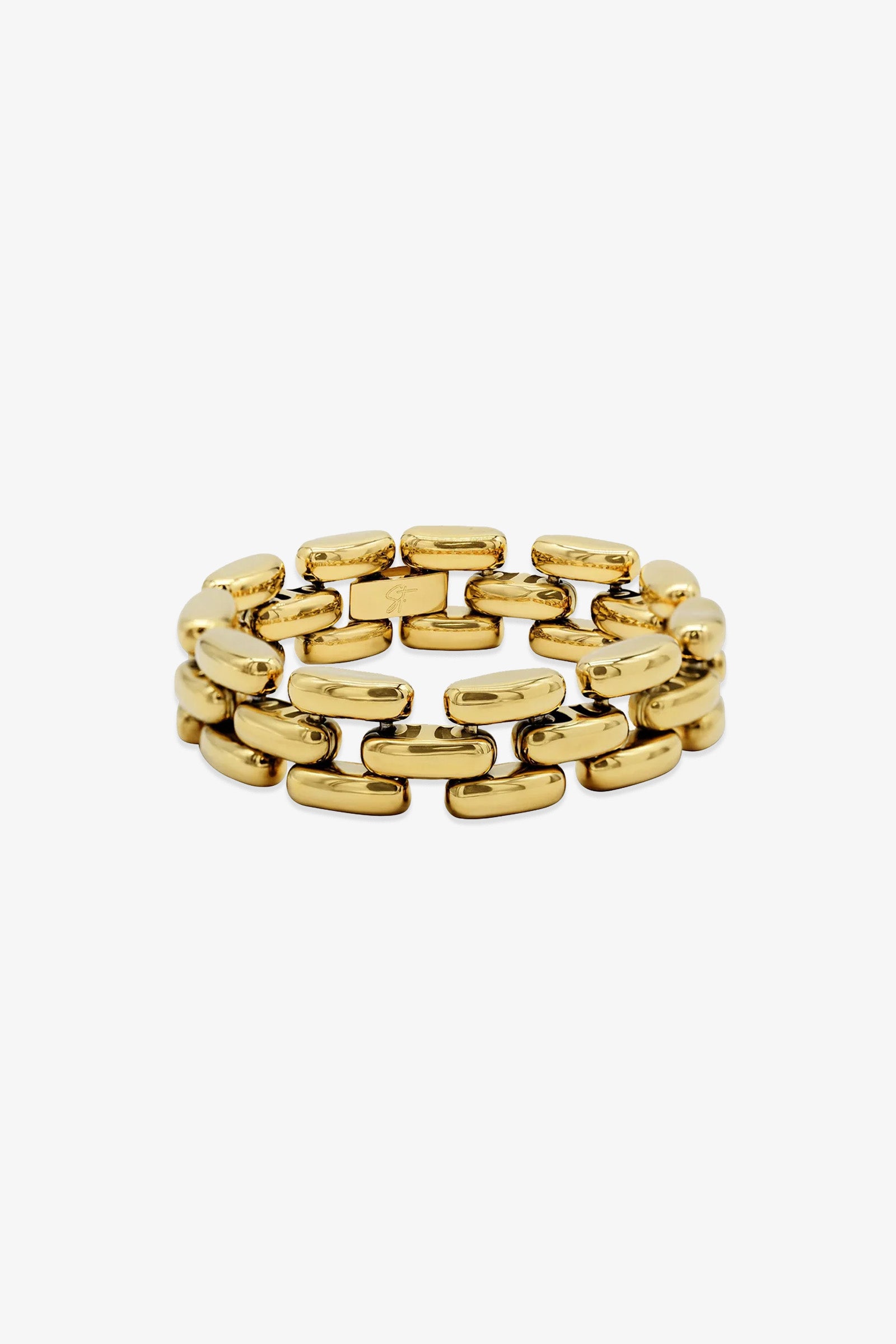 The Phoebe Bracelet features a gold-tone, chunky chain-link design with rectangular, interlocking links arranged in three rows, displayed against a white background.