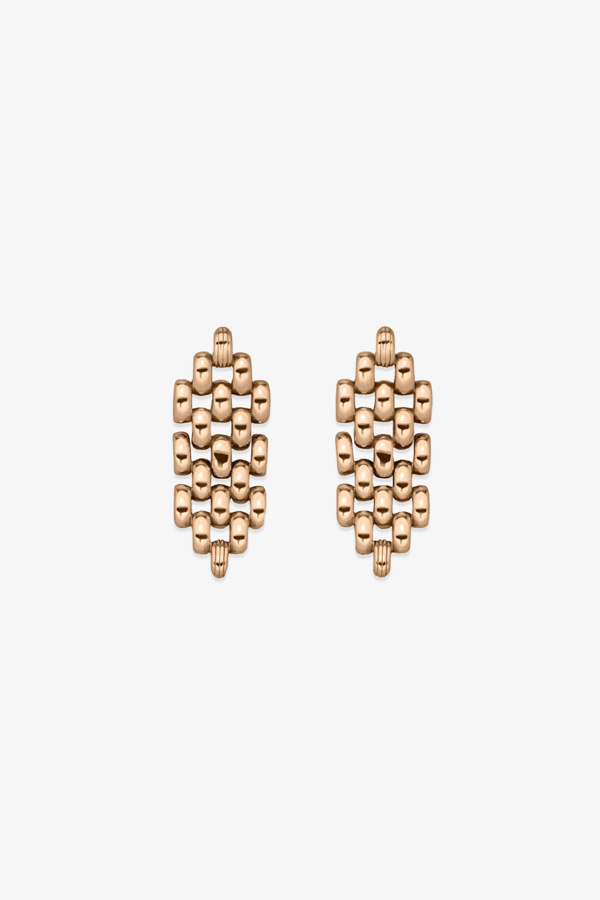Phoebe Earrings featuring a gold-tone finish and a geometric, grid pattern of rounded rectangular shapes arranged in a vertical oval design, displayed on a white background.