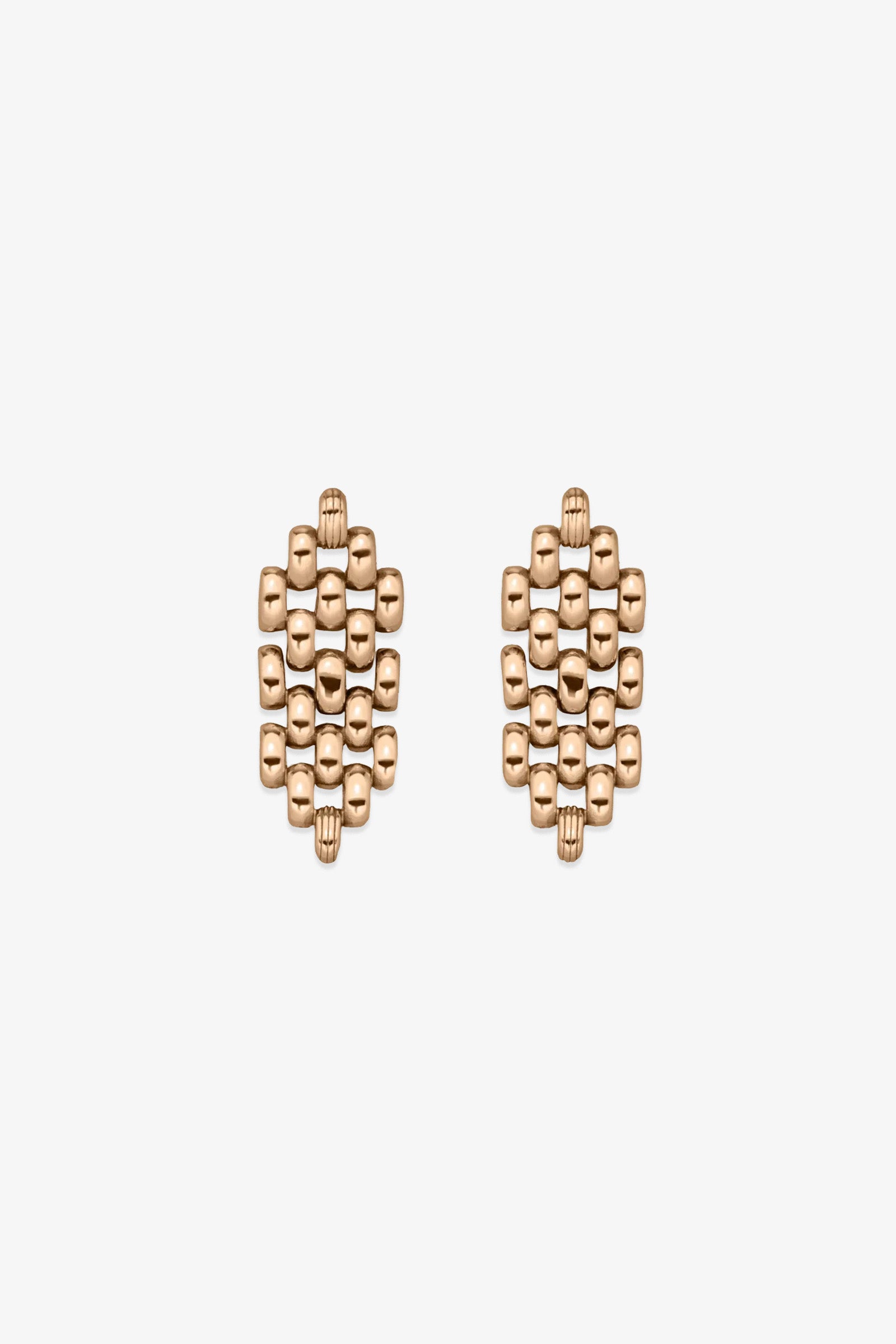 Phoebe Earrings featuring a gold-tone finish and a geometric, grid pattern of rounded rectangular shapes arranged in a vertical oval design, displayed on a white background.