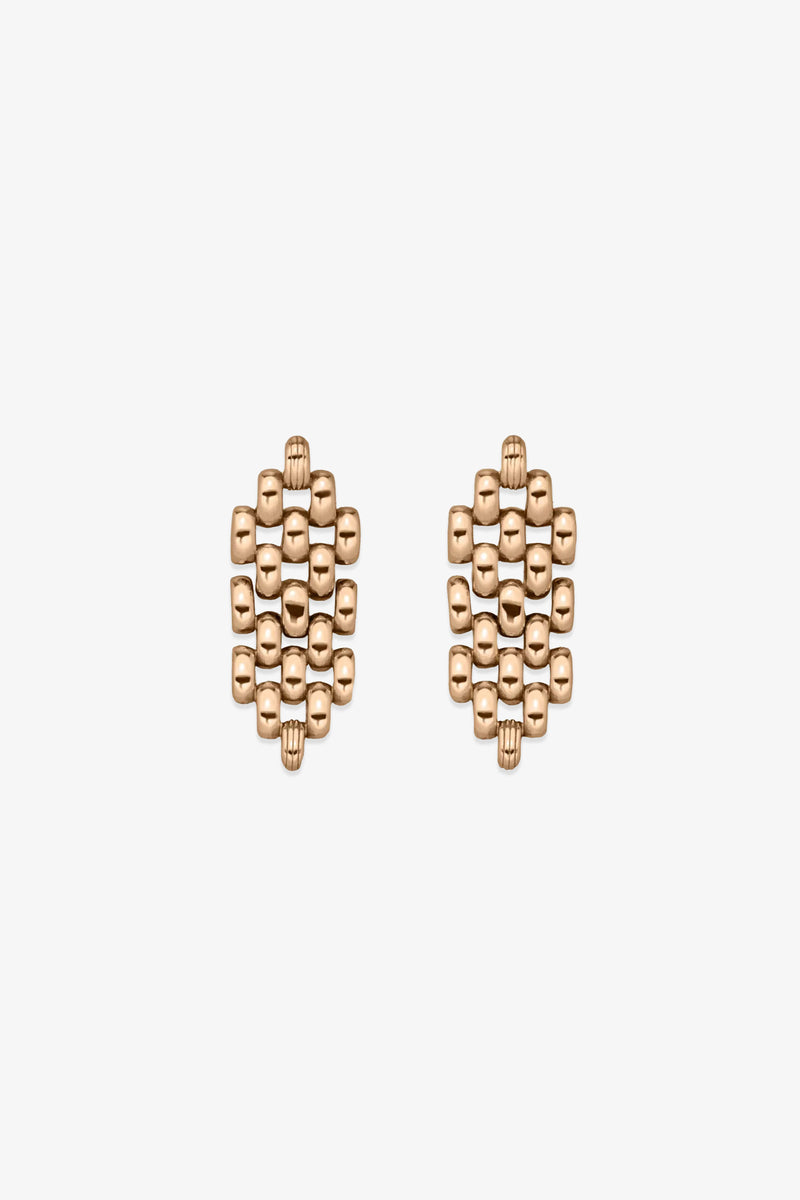 Phoebe Earrings featuring a gold-tone finish and a geometric, grid pattern of rounded rectangular shapes arranged in a vertical oval design, displayed on a white background.