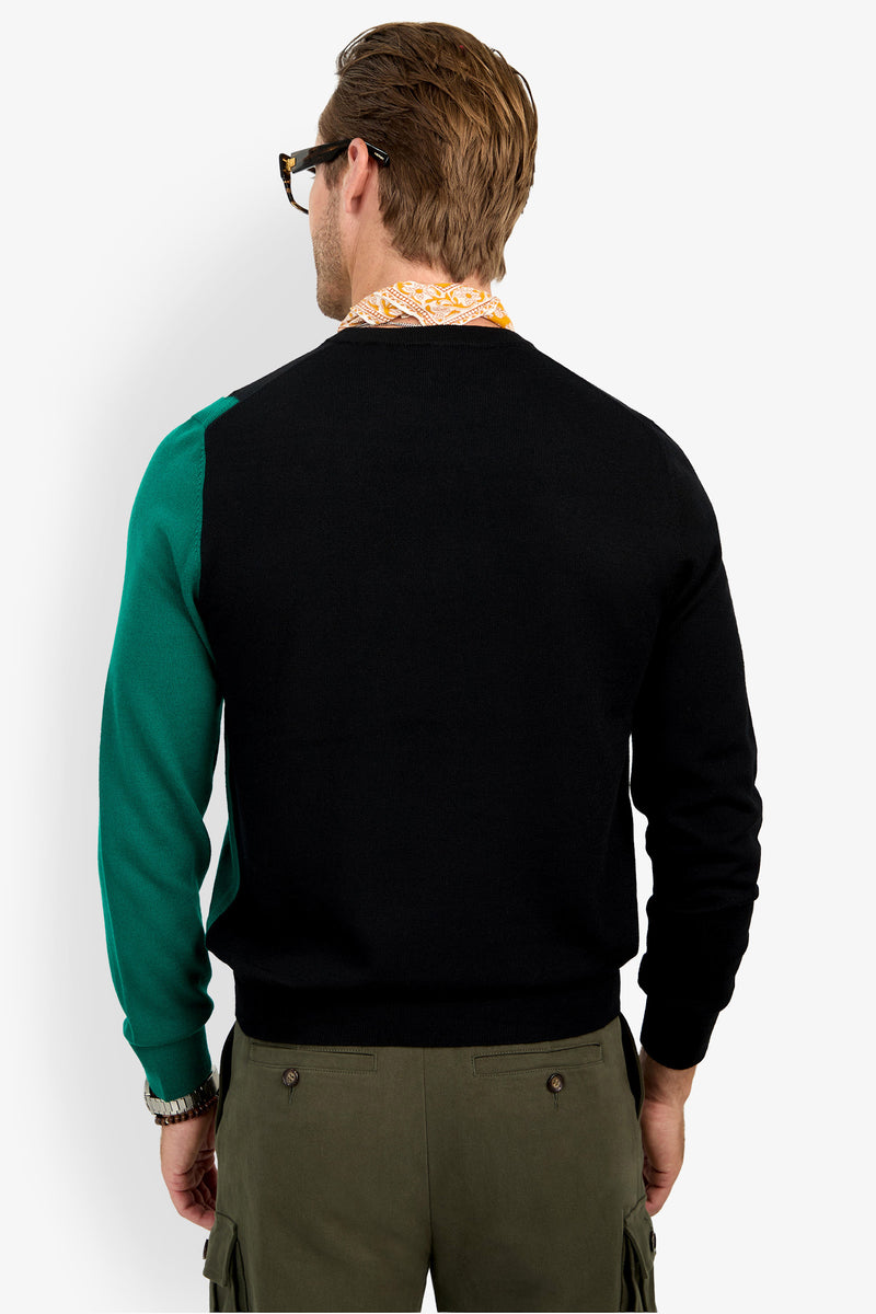 A man with light brown hair, glasses, and a patterned scarf faces away wearing the Crewneck Sweater in black with a green sleeve and olive green pants.