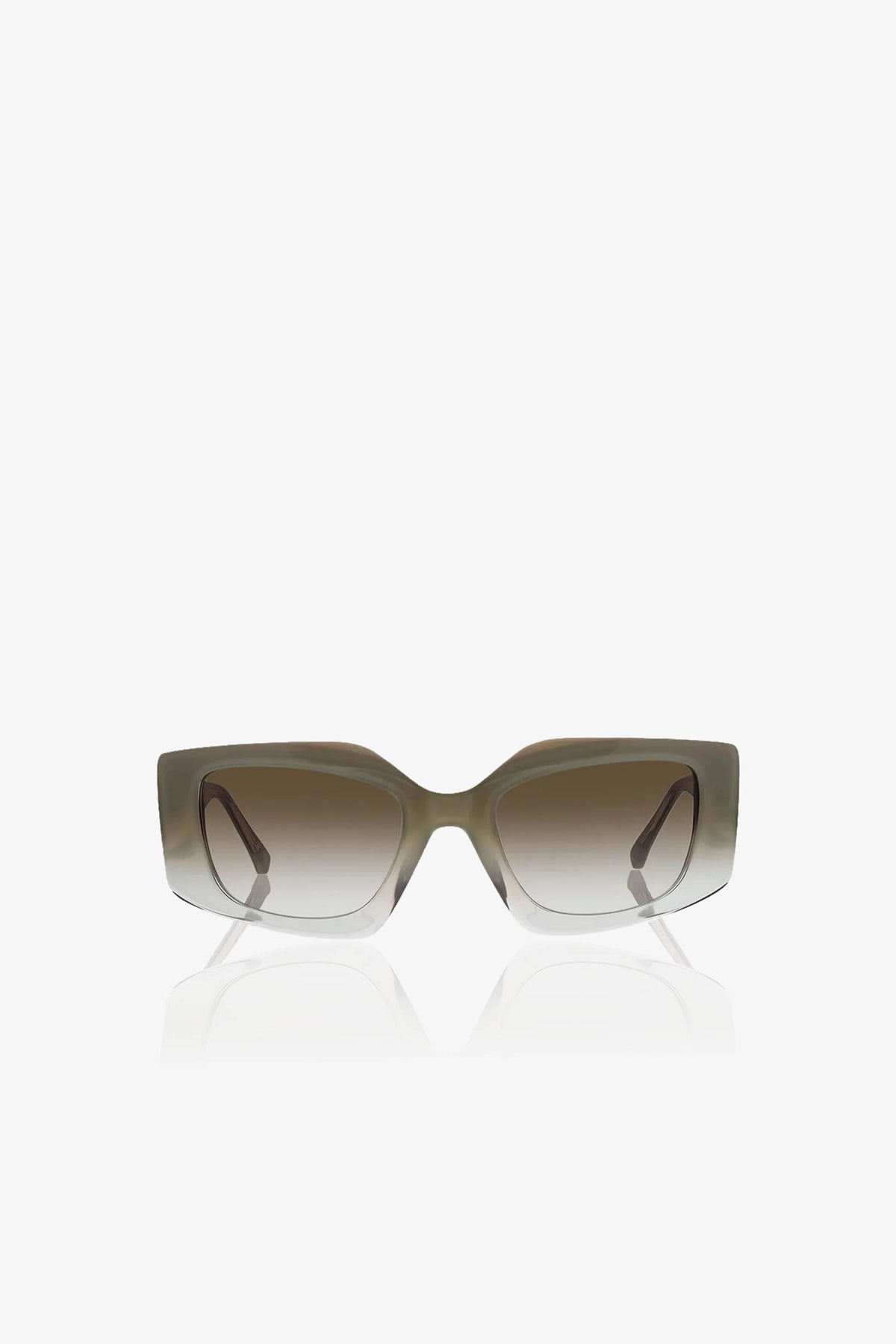 The Wasaga Rectangular Sunglasses in olive green, featuring gradient lenses, are displayed on a white background facing forward.