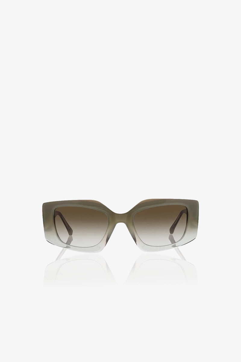 The Wasaga Rectangular Sunglasses in olive green, featuring gradient lenses, are displayed on a white background facing forward.