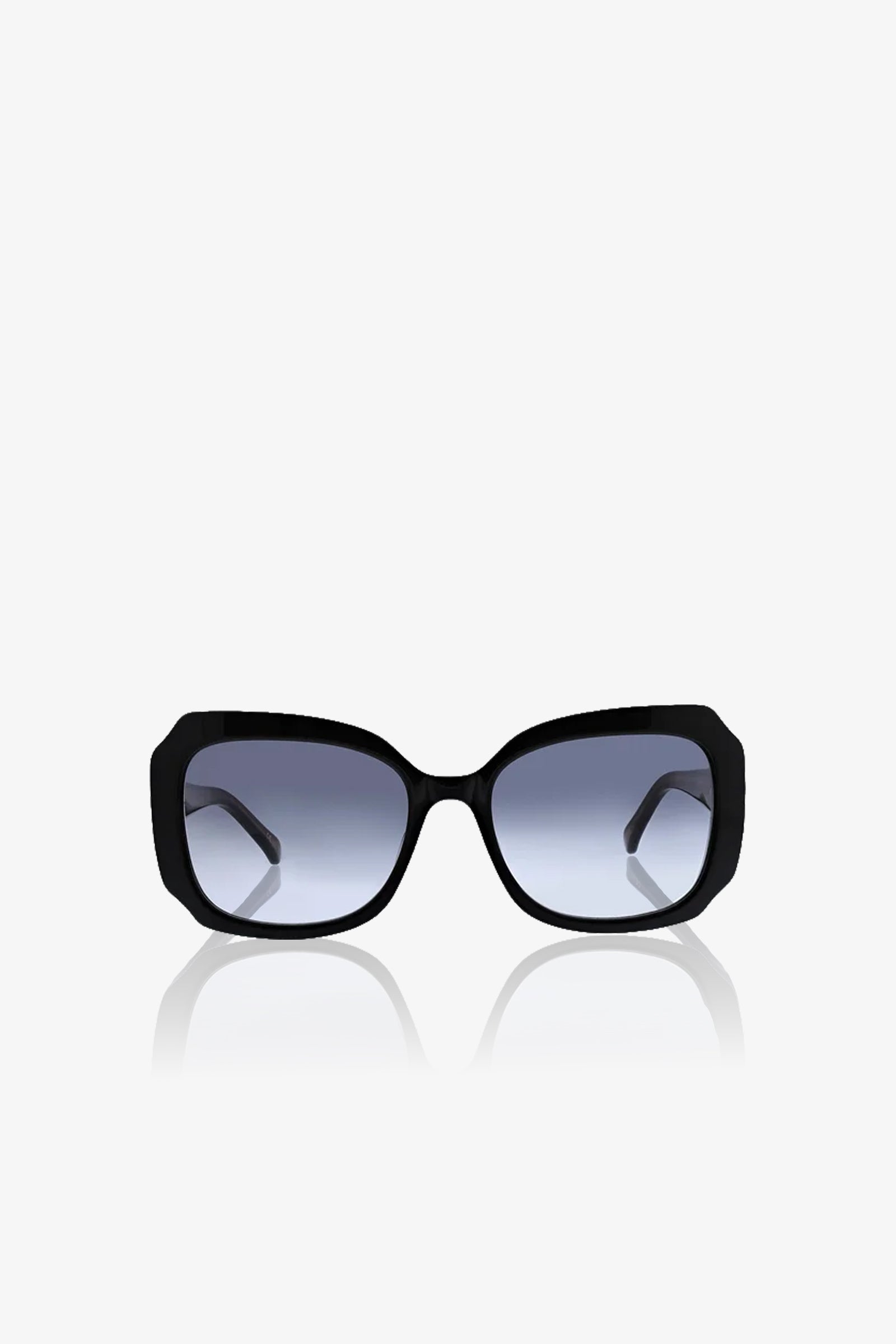 The Sandbanks Oversized Sunglasses feature a black square frame and dark gradient lenses, shown facing forward against a plain white background with their reflection visible below.