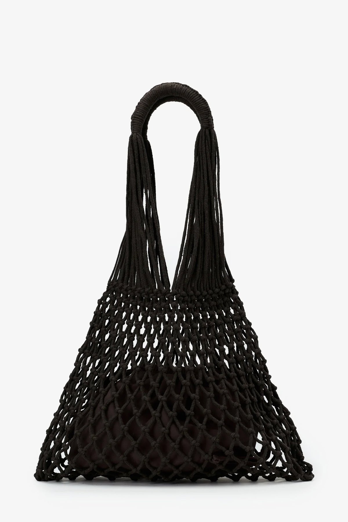 The Nannacay Alessandra Woven Bag is a black knotted netted handbag featuring two looped handles and a fabric pouch inside, displayed against a plain white background.