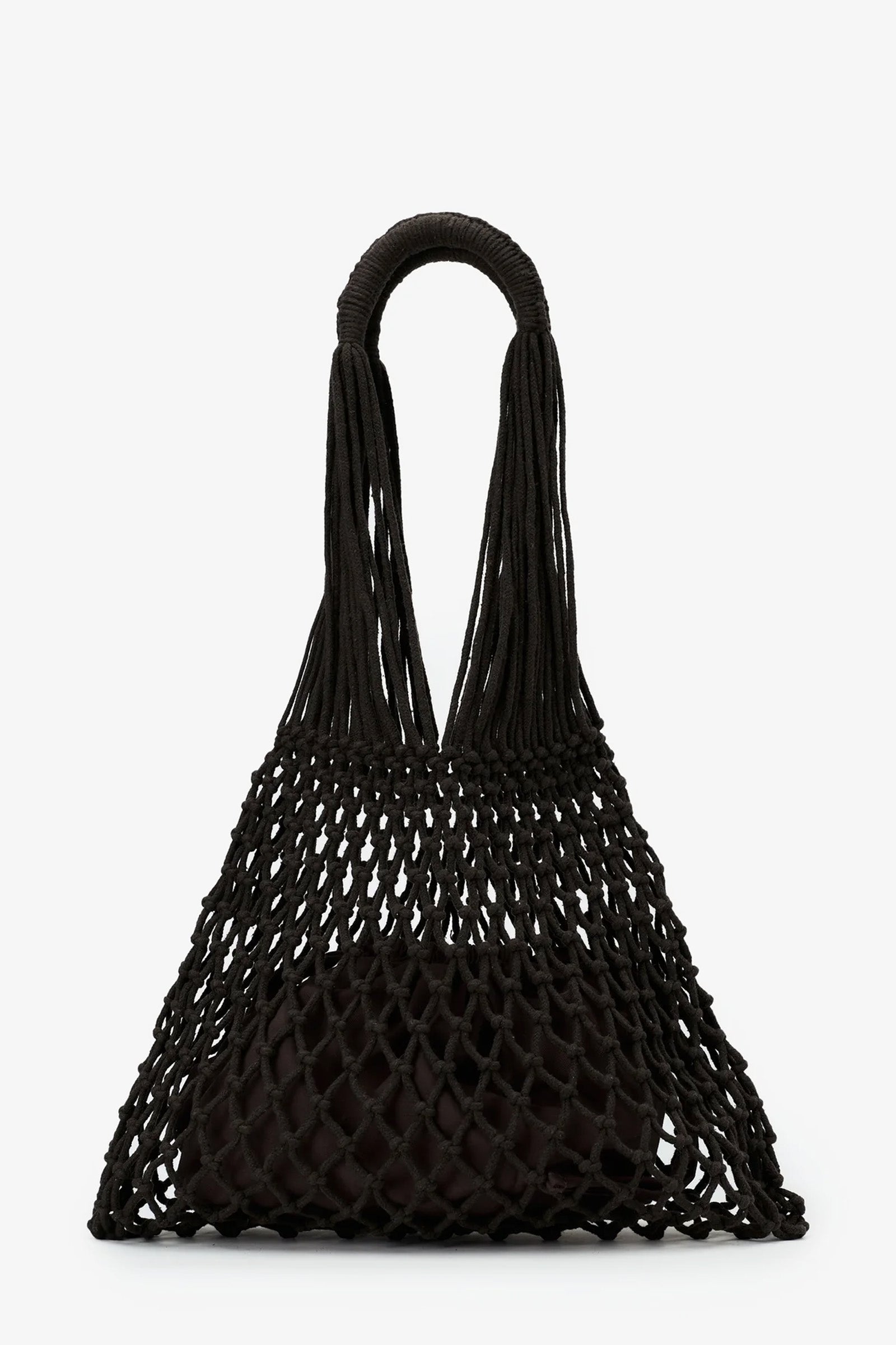 The Nannacay Alessandra Woven Bag is a black knotted netted handbag featuring two looped handles and a fabric pouch inside, displayed against a plain white background.