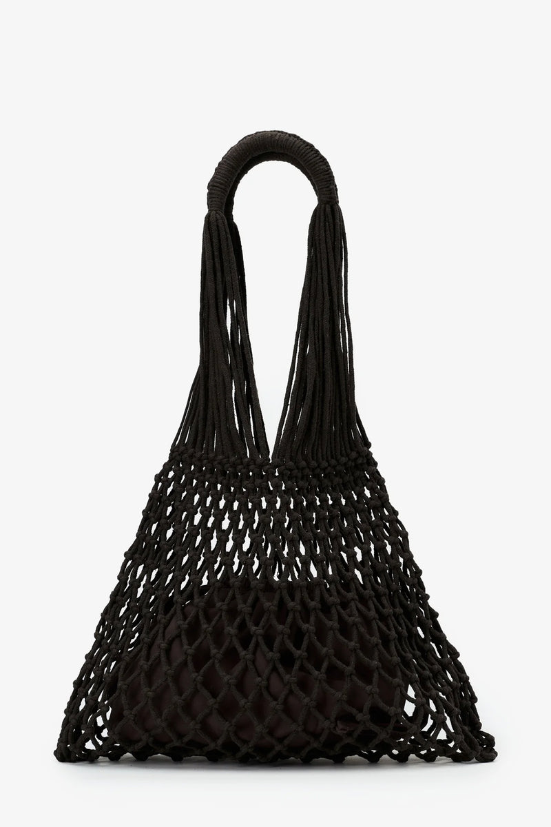 The Nannacay Alessandra Woven Bag is a black knotted netted handbag featuring two looped handles and a fabric pouch inside, displayed against a plain white background.
