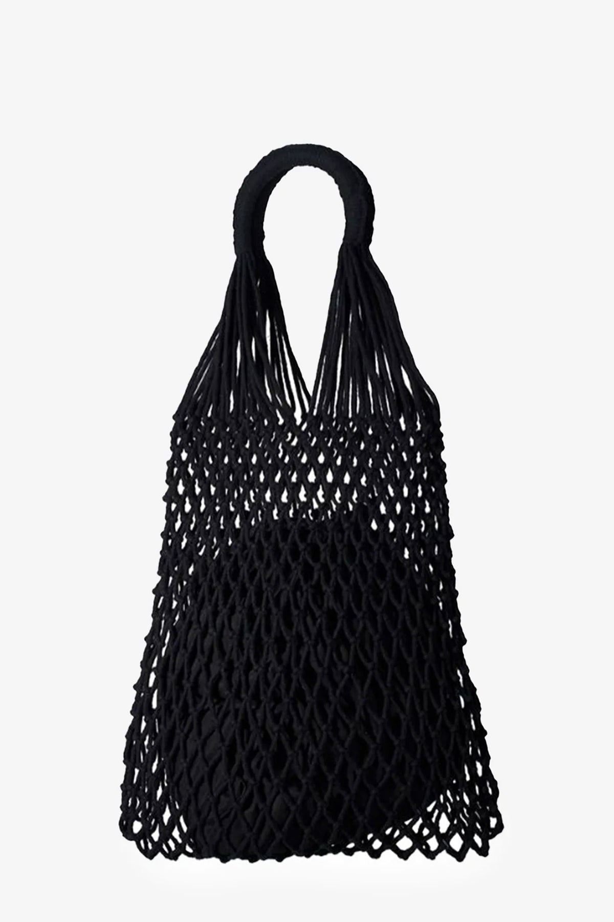The Nannacay Alessandra Woven Bag, a black reusable netted tote with two handles, is displayed against a white background.