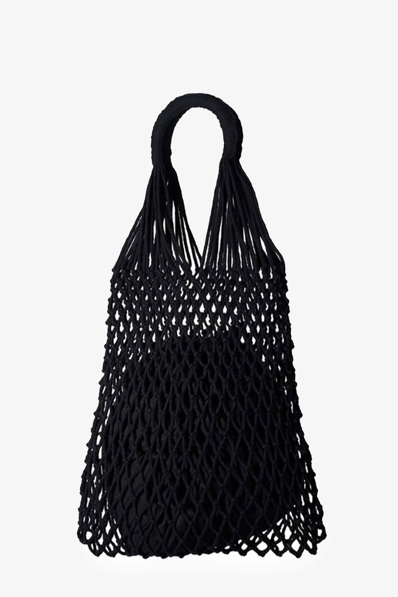 The Nannacay Alessandra Woven Bag, a black reusable netted tote with two handles, is displayed against a white background.