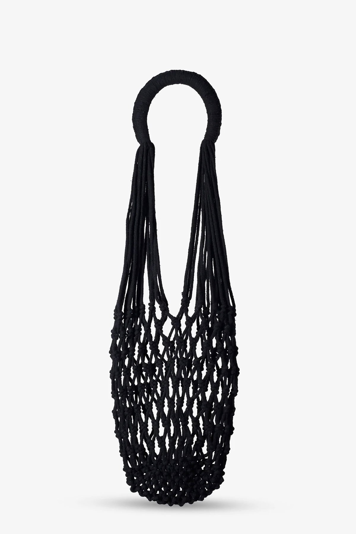 The Nannacay Kim Woven Bag, featuring a black netted design with round handles and crafted from knotted material, is displayed against a plain white background.