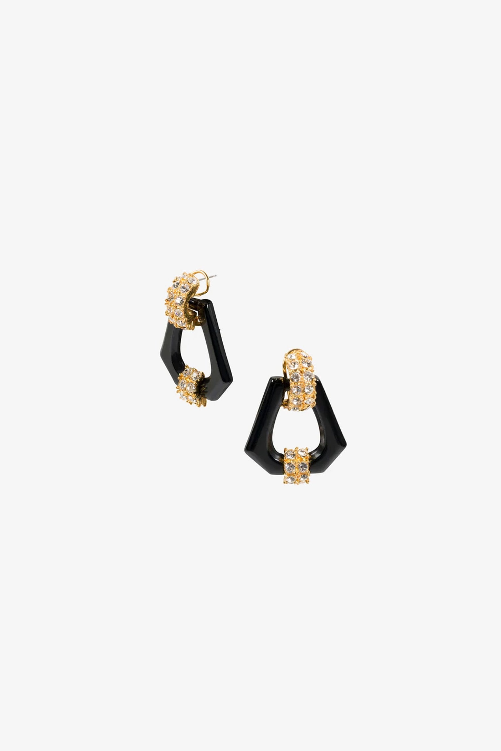 The Hexagon Doorknocker Earrings feature a striking gold and black geometric hoop design with sparkling crystal accents, showcased against a plain white background.
