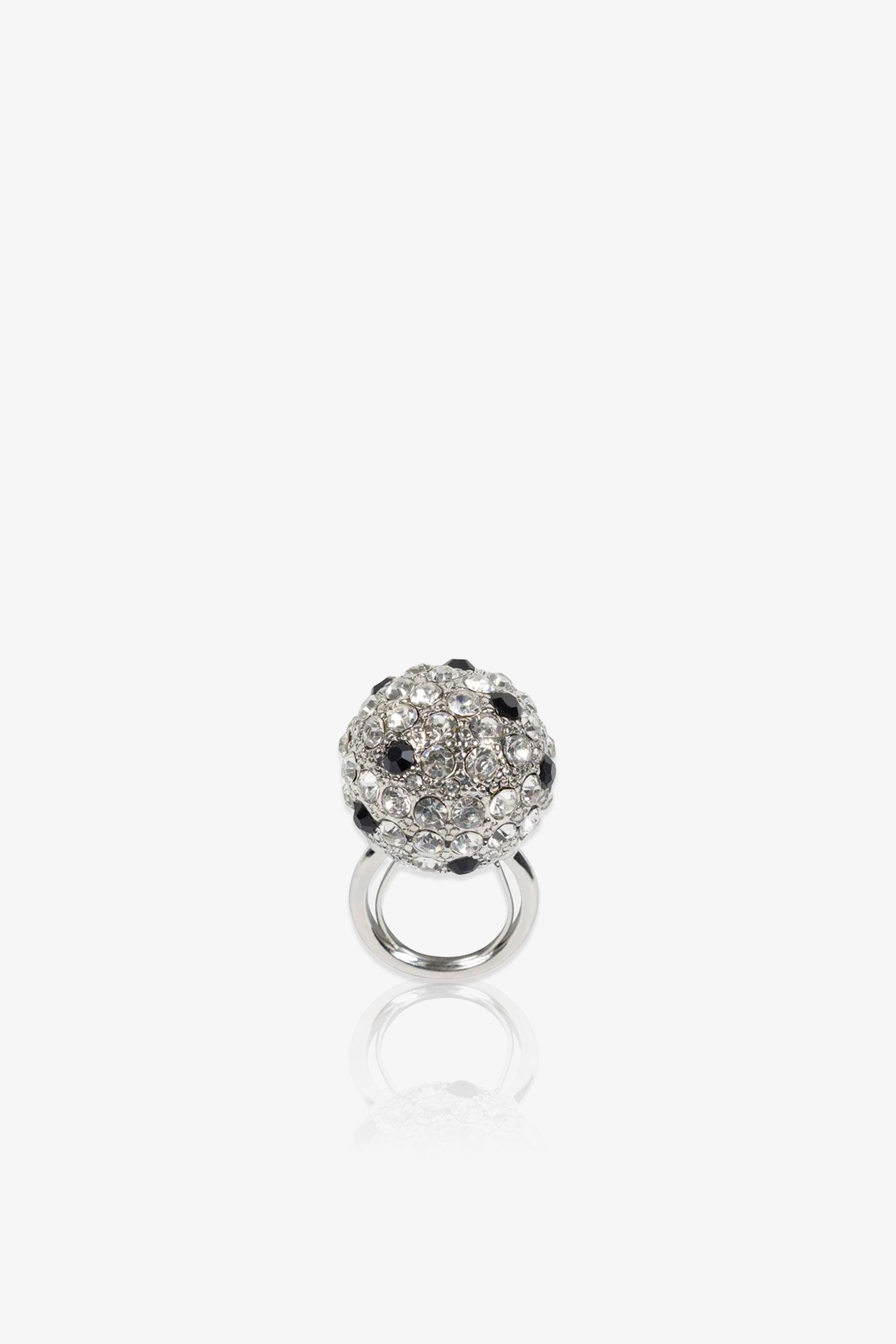 The Cryjet Disco Ball Adjustable Ring features a silver band crowned with a round cluster of clear and black gemstones, elegantly displayed on a white background with a subtle reflection beneath.