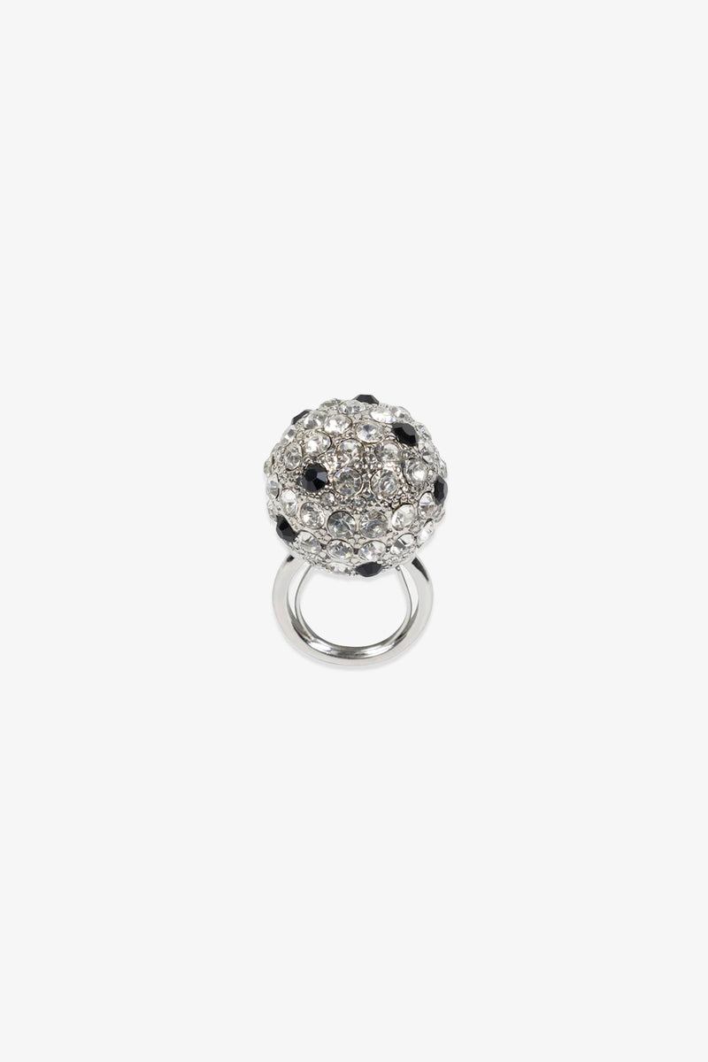 The Cryjet Disco Ball Adjustable Ring is a silver ring with a round, dome-shaped top encrusted with clear and black gemstones, shown against a white background.