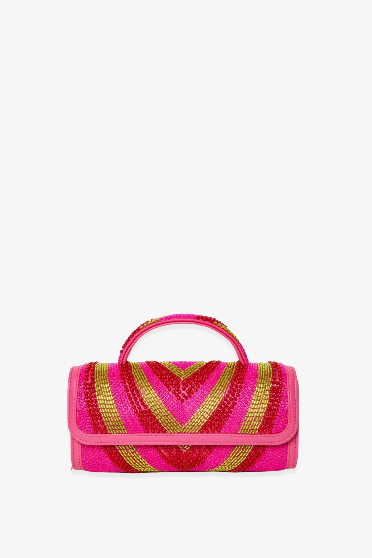 The Lele Sadoughi x Trina Turk Mini Tabitha Bead Bag is a small, rectangular clutch with a top handle, adorned with pink, gold, and red chevron-patterned beads on a white background.