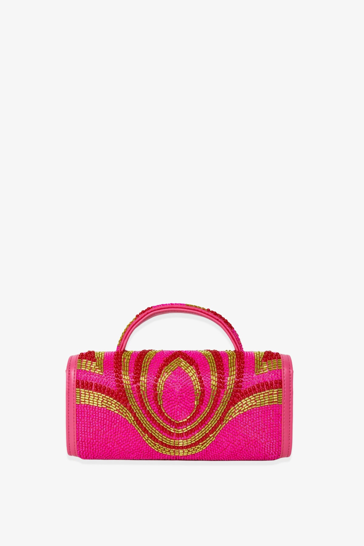 The Lele Sadoughi x Trina Turk Mini Tabitha Bead Bag is a pink and red beaded handbag with yellow accents, showcasing geometric patterns on the front and a curved handle, displayed against a plain white background.