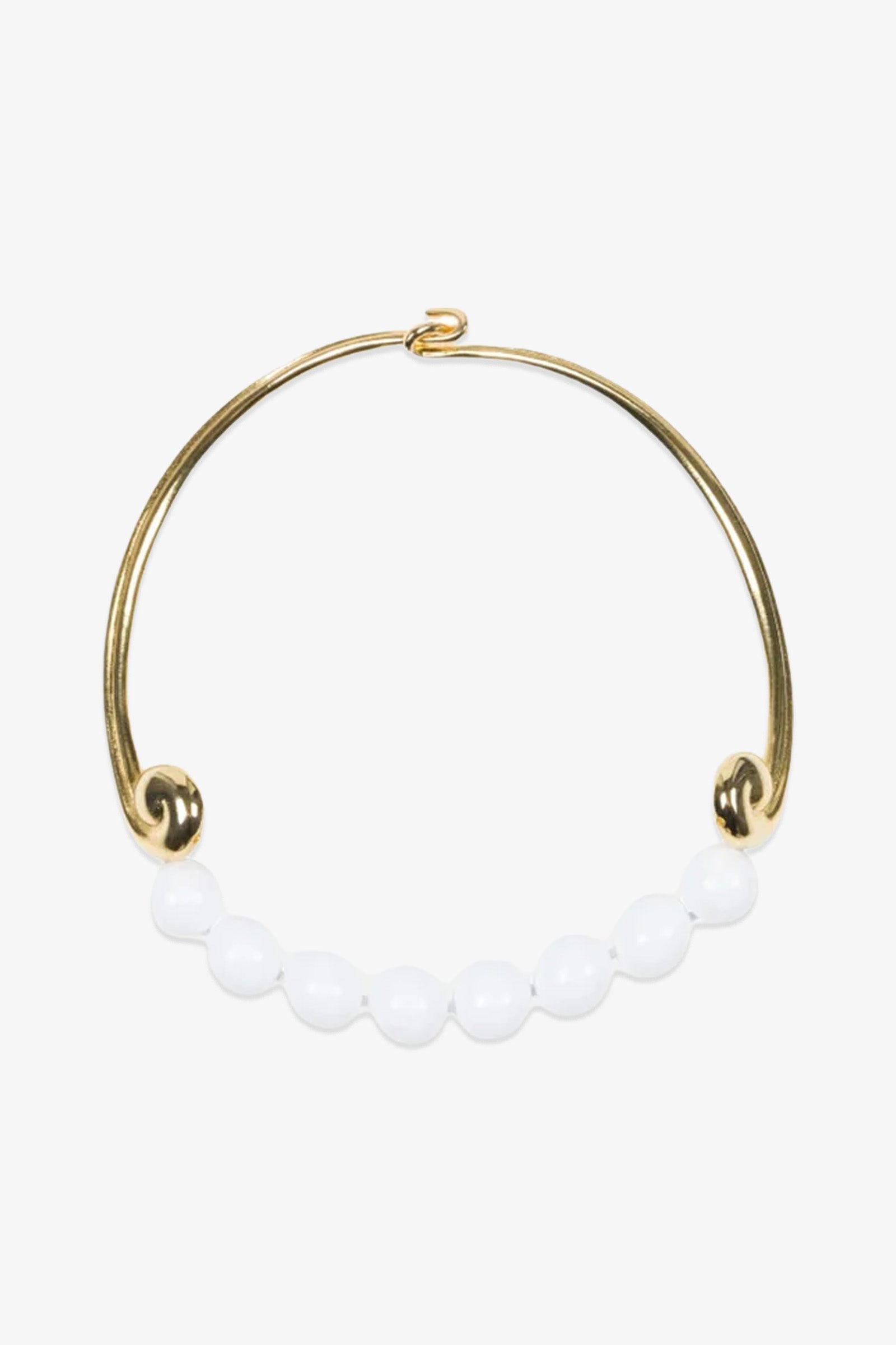 KJL Beaded White and Gold Collar Necklace featuring a row of round white beads along the bottom curve, with an open-ended design and a simple hook clasp at the top.