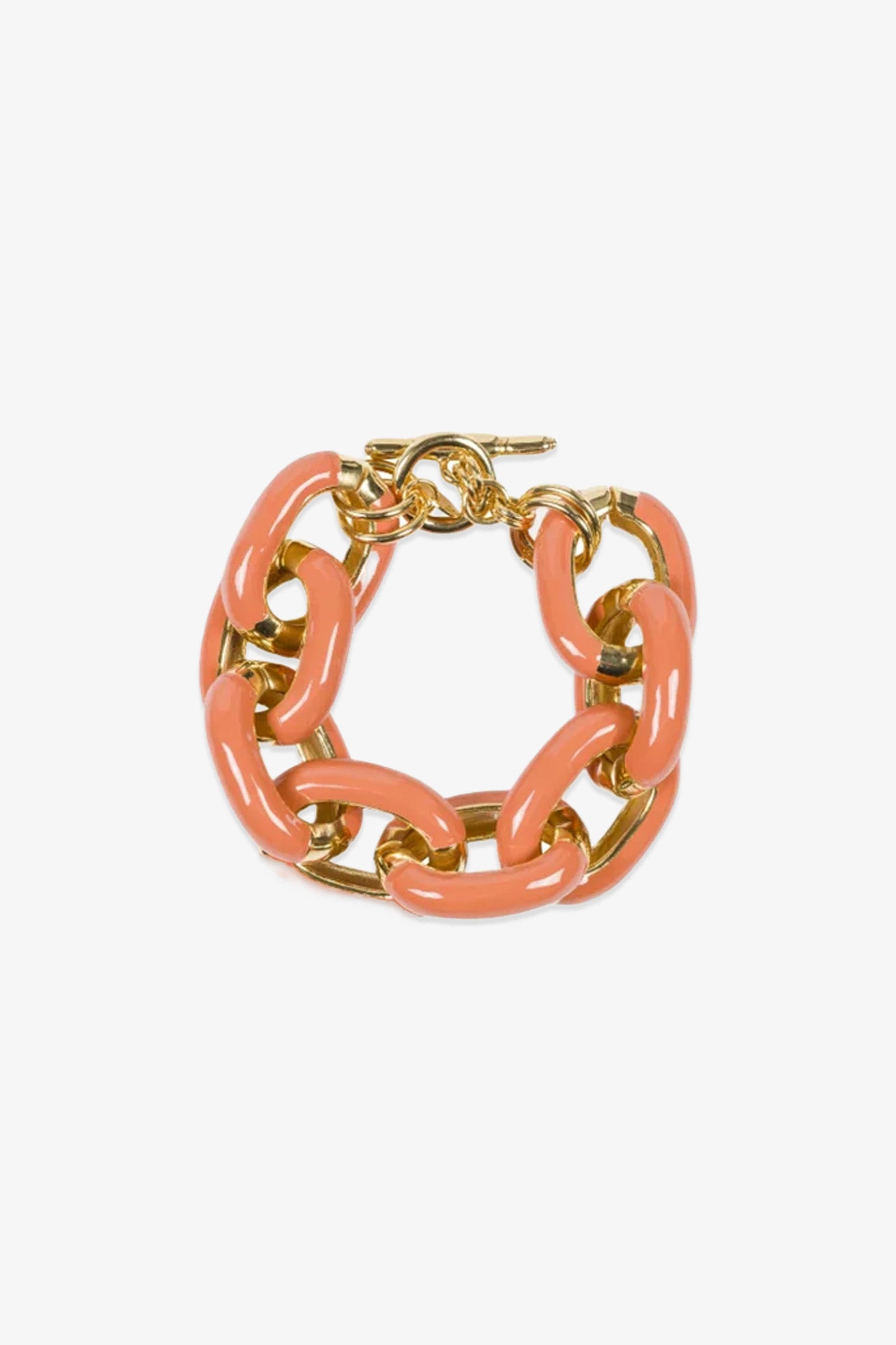 TT x KJL Enamel Link Bracelet - Coral showcased on a white background, featuring bold coral-pink enamel links interlocked with gold metal links and finished with a toggle clasp.