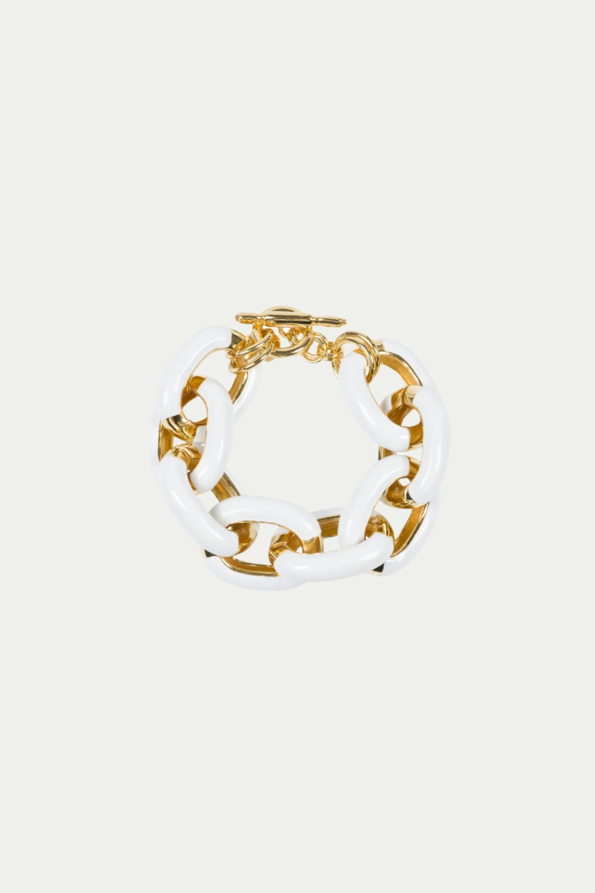 The TT x KJL Enamel Link Bracelet - White features alternating large gold and glossy white links with a gold clasp, shown on a plain white background.