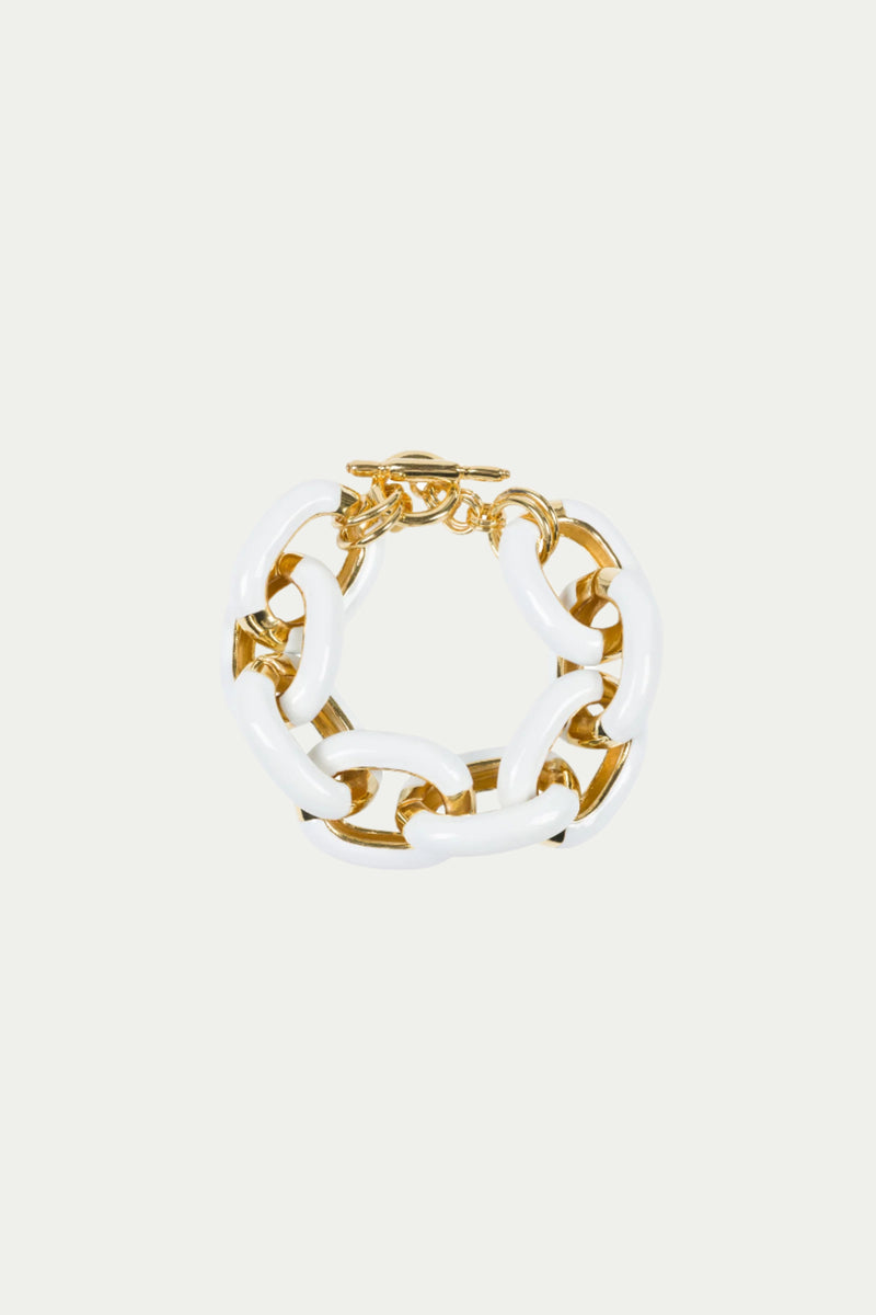 The TT x KJL Enamel Link Bracelet - White features alternating large gold and glossy white links with a gold clasp, shown on a plain white background.