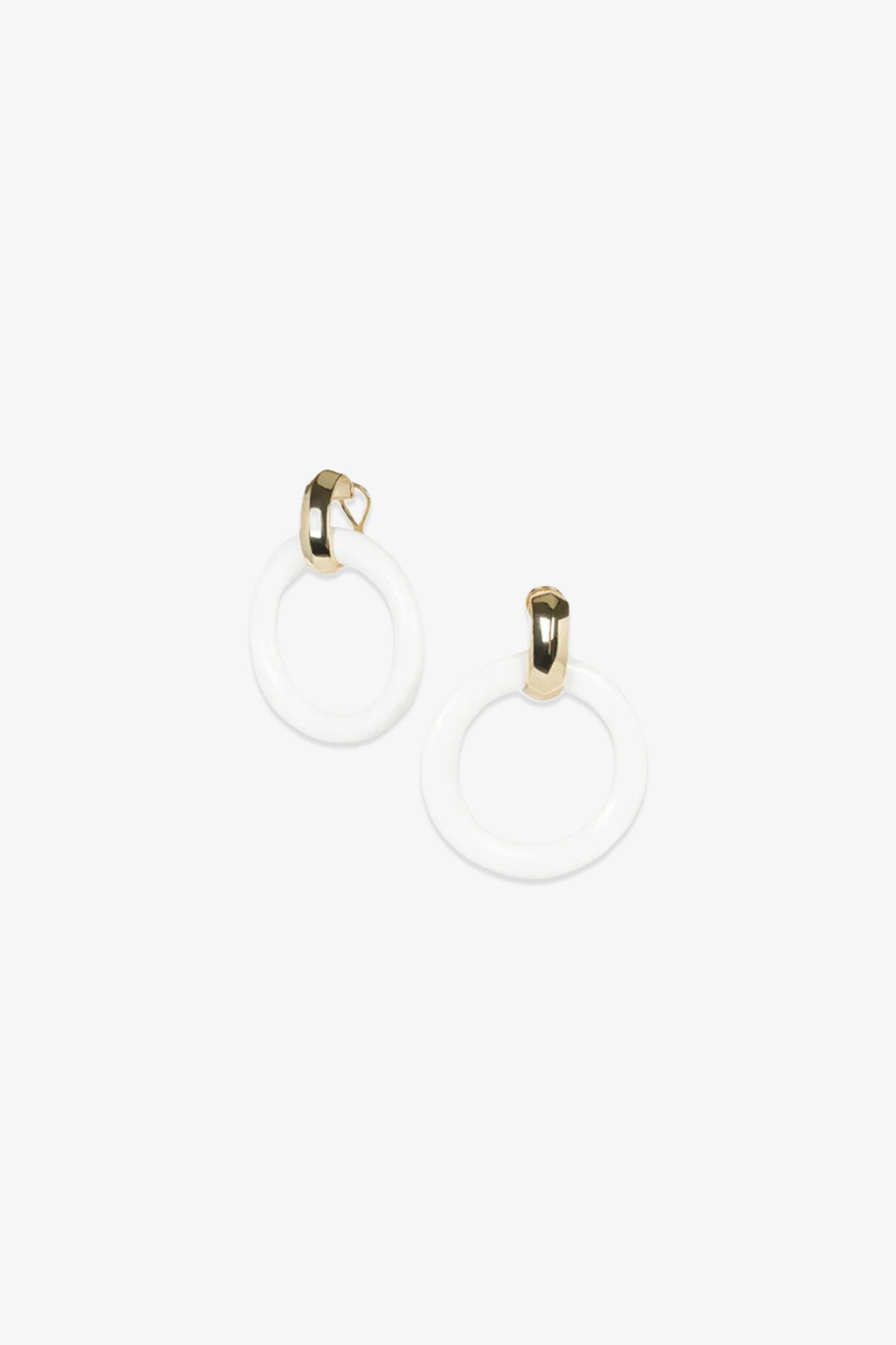 TT x KJL Doorknocker Earrings - White, featuring white circular hoops and small gold clasps, displayed on a plain white background.
