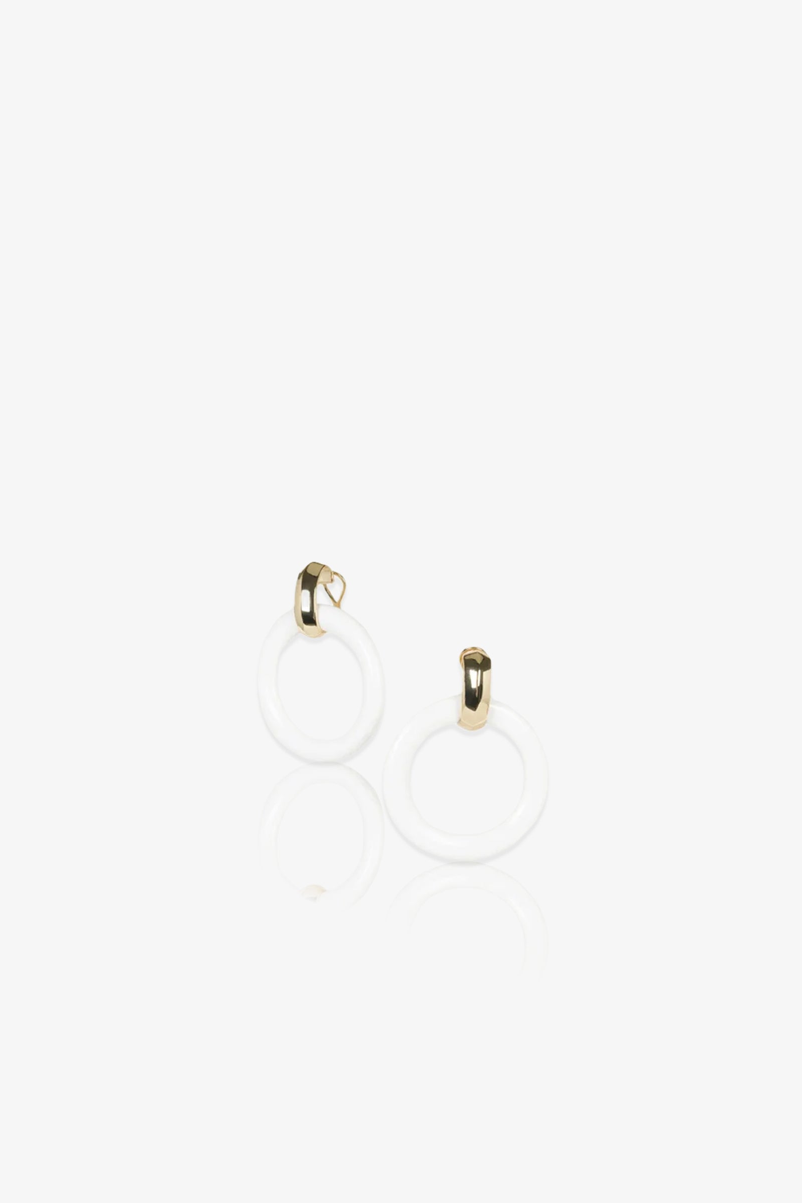 TT x KJL Doorknocker Earrings - White, featuring gold-tone studs and white circular hoops, displayed on a white background.