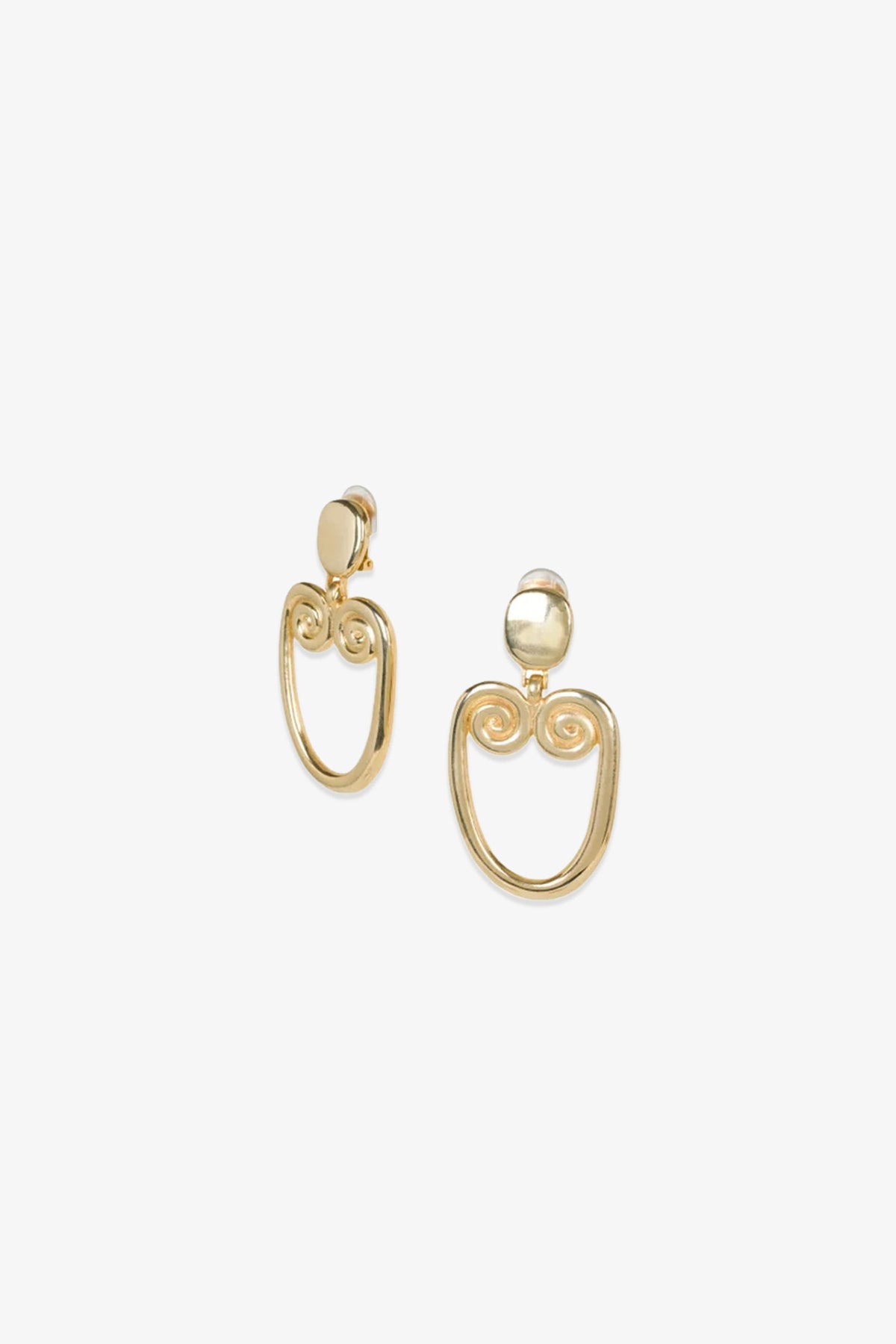 TT x KJL Gold Double Scroll Clip-On Earrings featuring circular studs and open oval-shaped dangles with intricate spiral designs, shown against a plain white background.