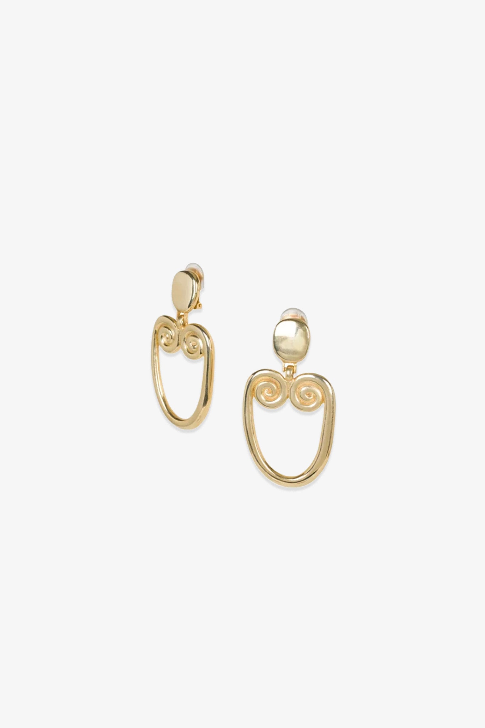 TT x KJL Gold Double Scroll Clip-On Earrings featuring circular studs and open oval-shaped dangles with intricate spiral designs, shown against a plain white background.