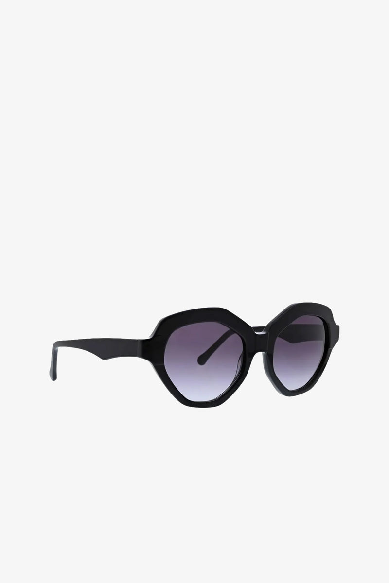 Ipanema Sunglasses featuring black geometric frames and dark gradient lenses, displayed on a white background.