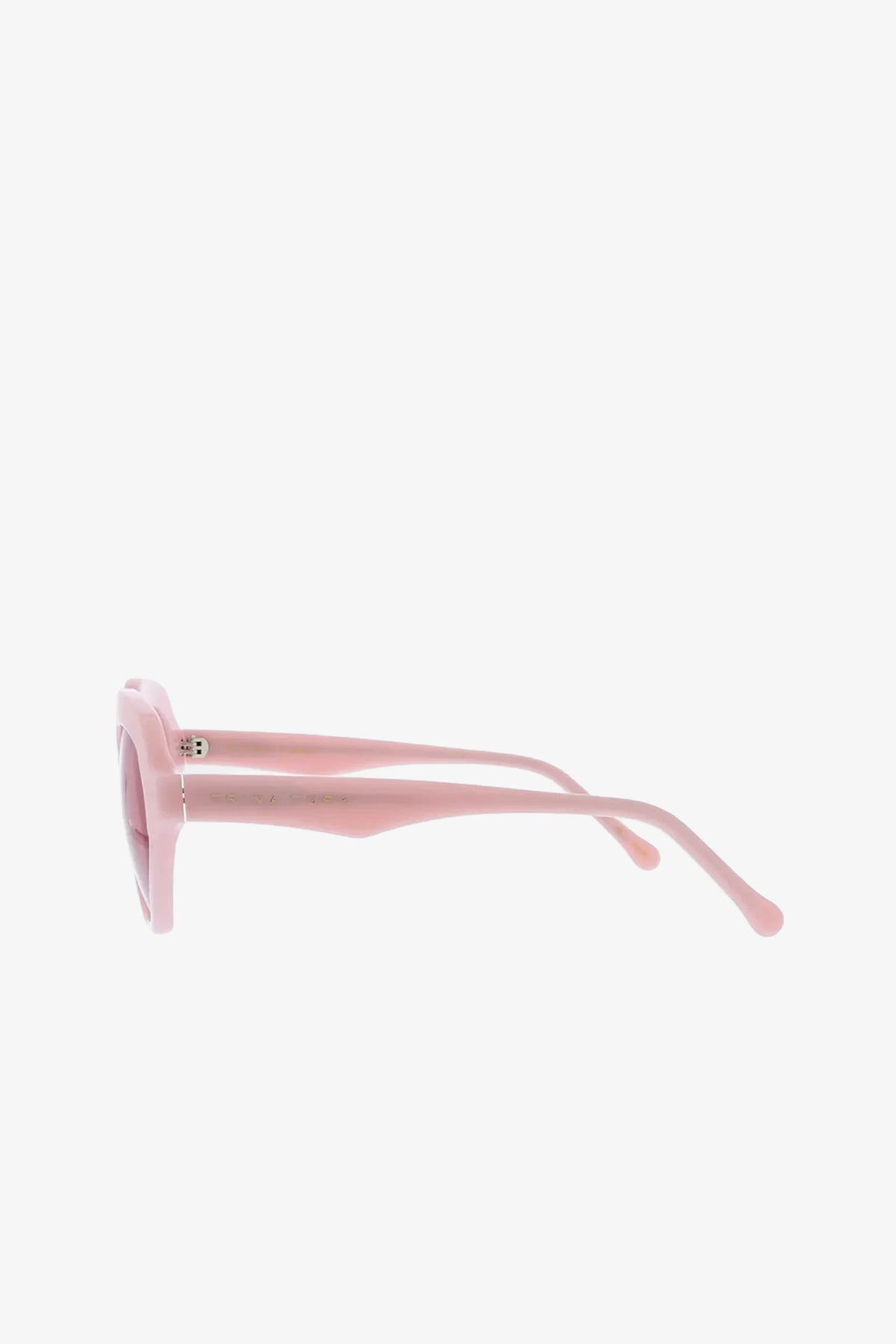 Side view of Ipanema Sunglasses in pink, featuring thick frames and curved arms, set against a plain white background.