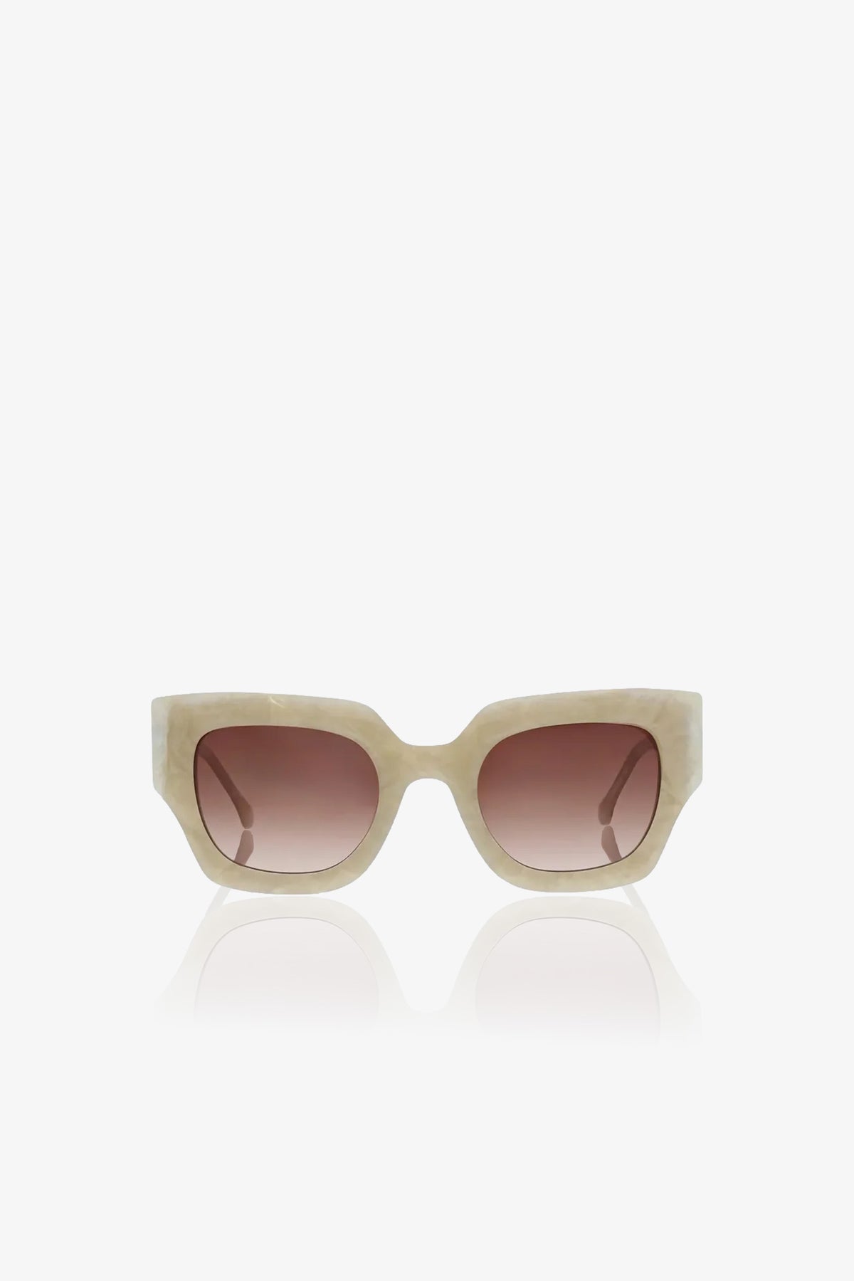 Sol Sunglasses in beige, featuring a rectangular shape with thick frames and gradient brown lenses, displayed against a plain white background.