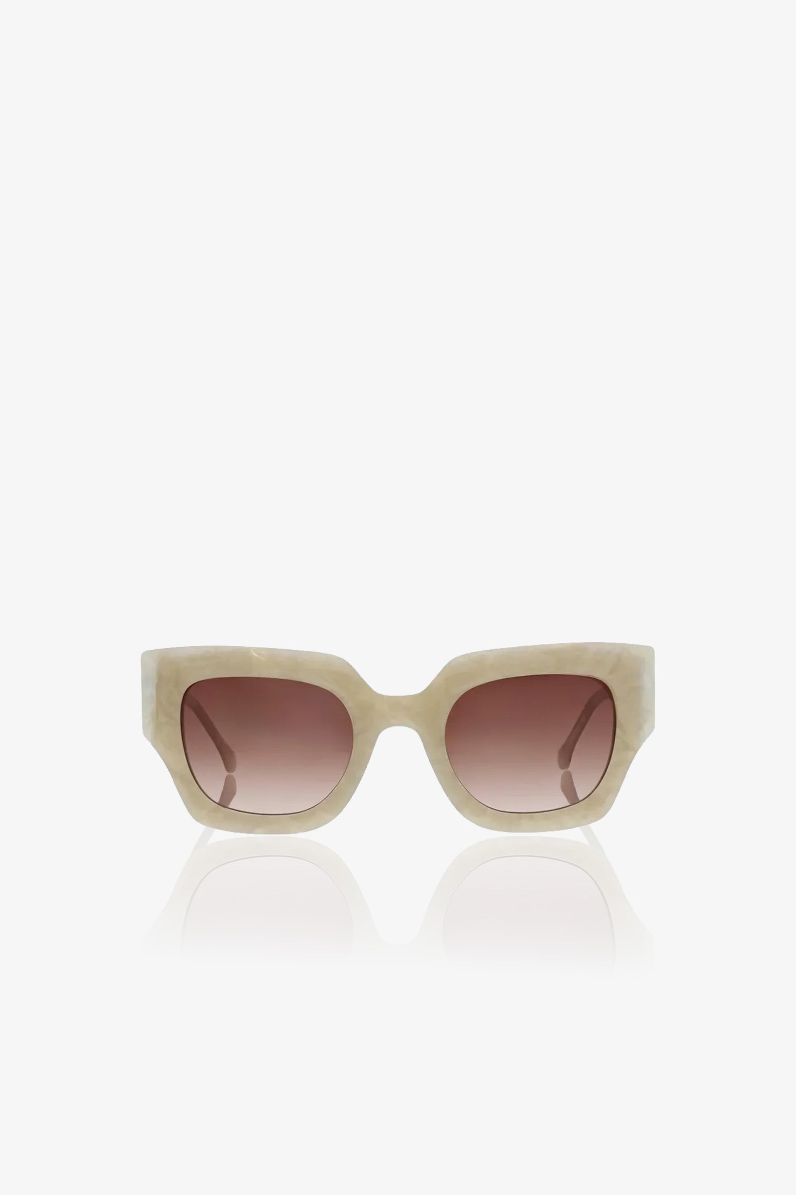 Sol Sunglasses in beige, featuring a rectangular shape with thick frames and gradient brown lenses, displayed against a plain white background.