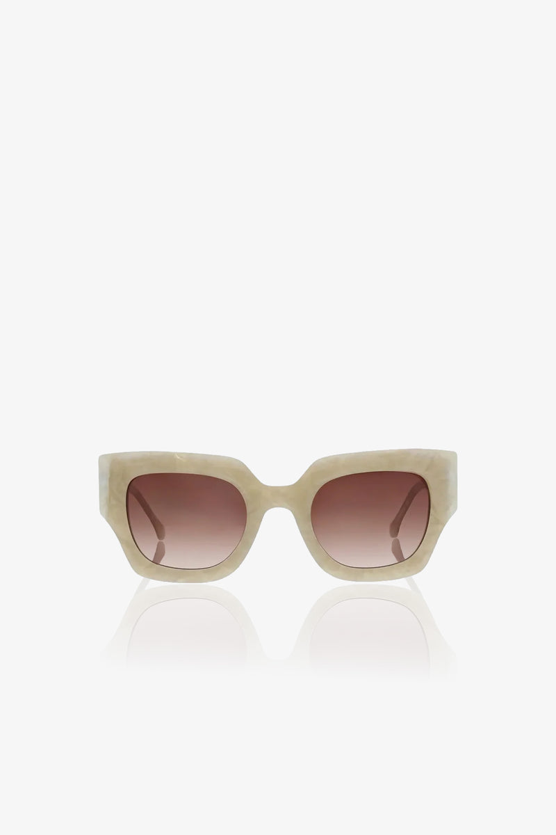 Sol Sunglasses in beige, featuring a rectangular shape with thick frames and gradient brown lenses, displayed against a plain white background.