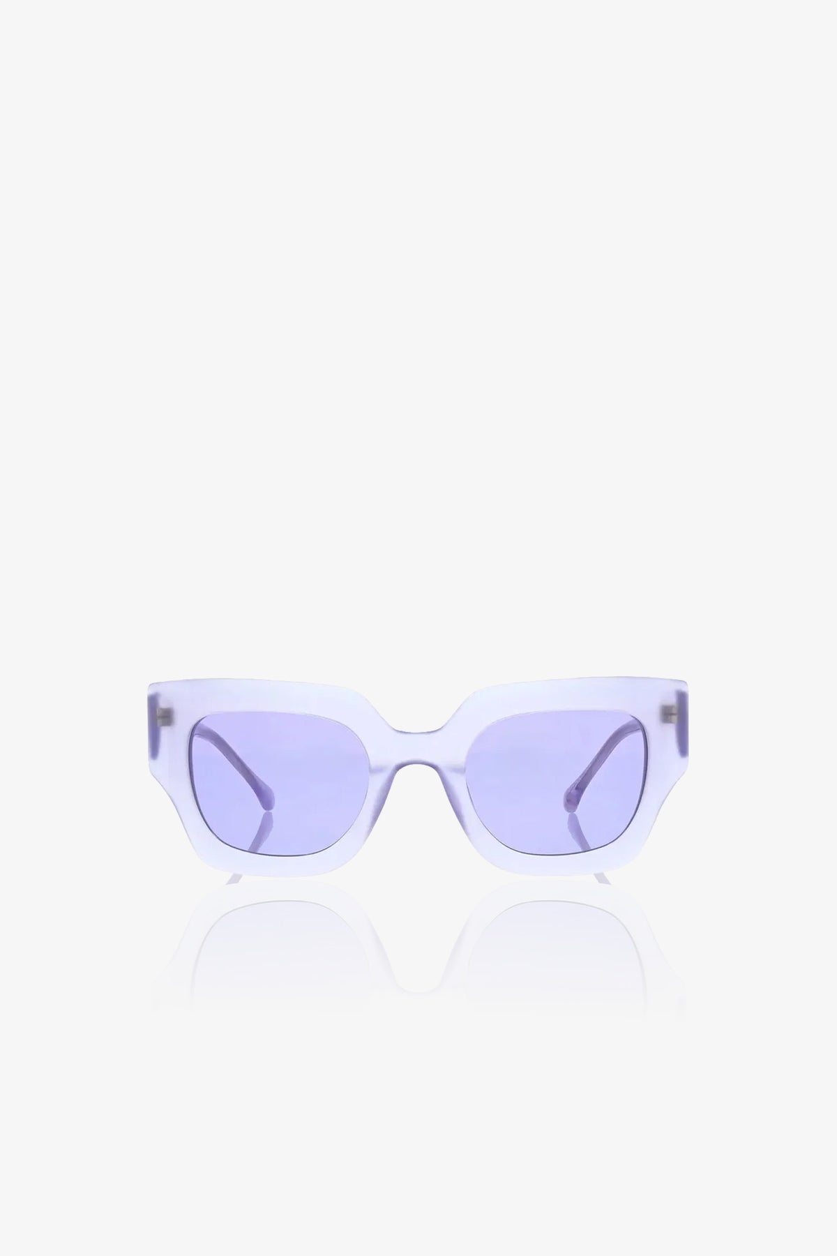 Sol Sunglasses featuring thick, translucent light purple rectangular frames and matching purple-tinted lenses, displayed on a white background.