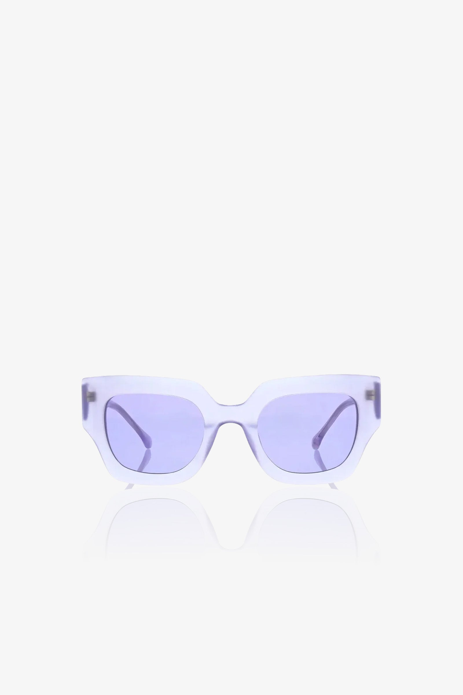 Sol Sunglasses featuring thick, translucent light purple rectangular frames and matching purple-tinted lenses, displayed on a white background.
