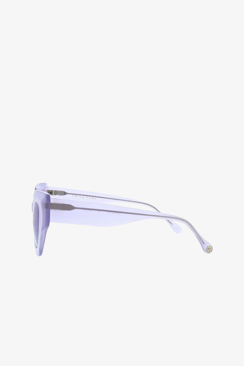 Sol Sunglasses displayed from a side view, featuring translucent purple, thick, slightly curved arms and rounded frames against a plain white background.