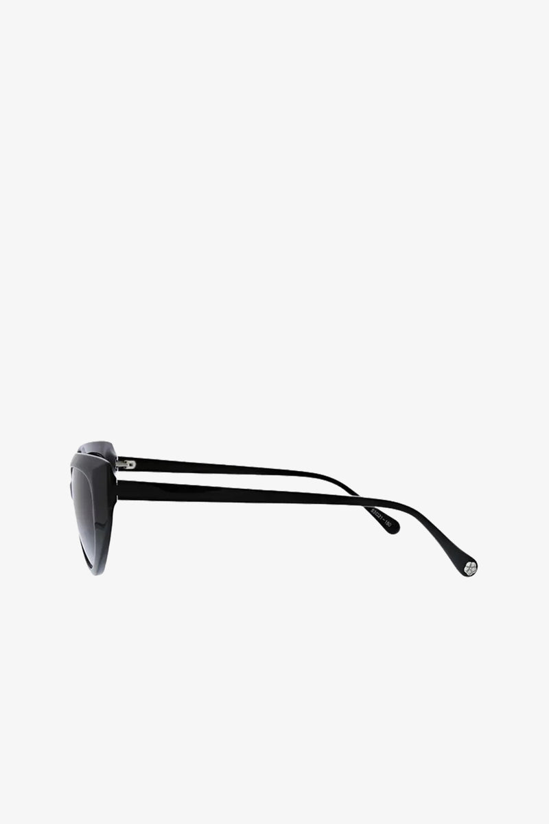 Side view of the Schooner Sunglasses in black, featuring thin temples and slightly curved earpieces, displayed against a plain white background.