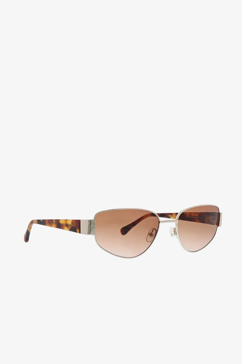 Dunes Sunglasses in brown tortoiseshell with cat-eye frames and brown-tinted lenses, displayed from a side angle on a white background.