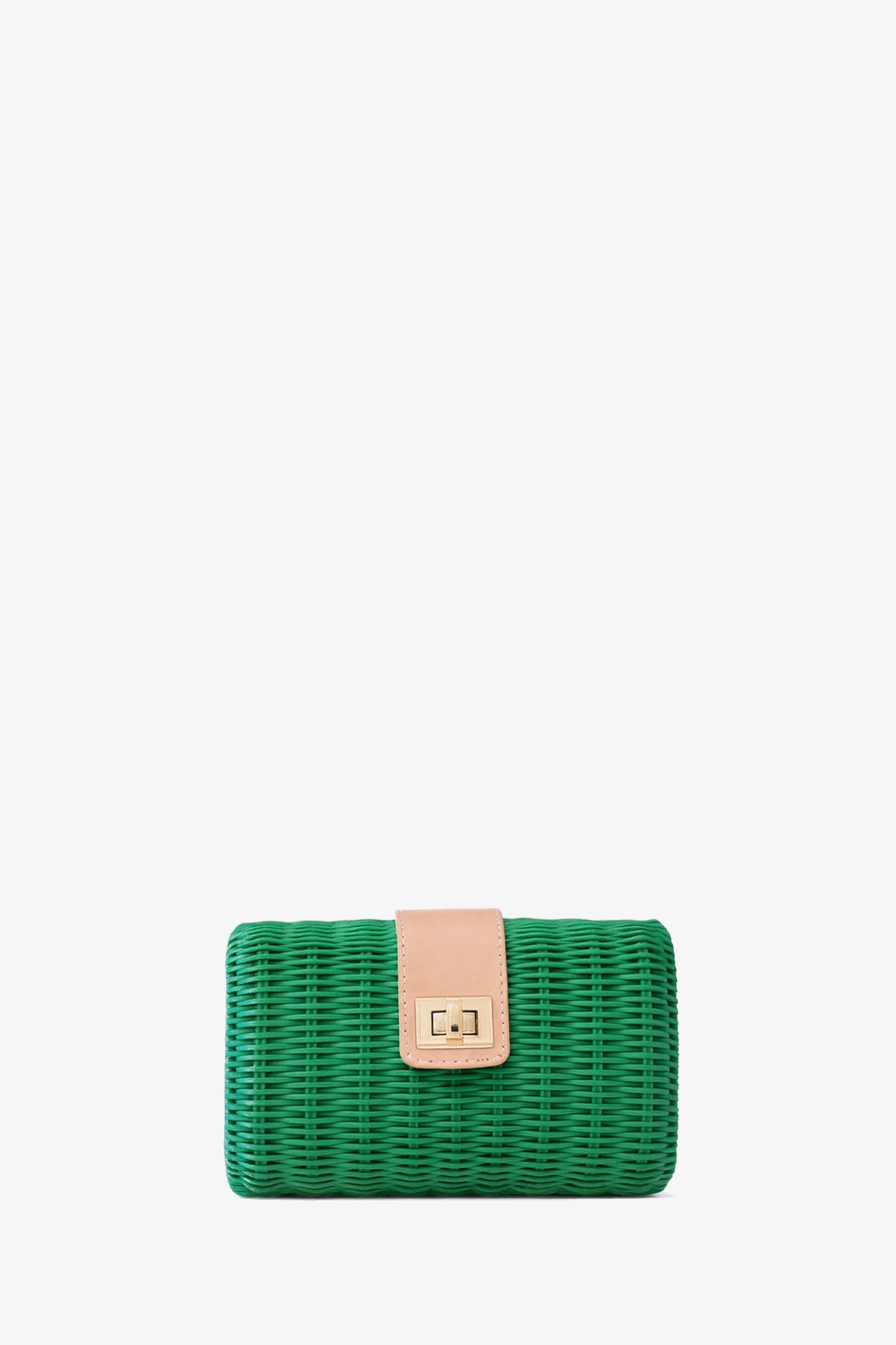The Kayu Lou Wicker Clutch is a small, rectangular green woven bag with a light tan leather flap and a gold rectangular clasp, shown against a plain white background.