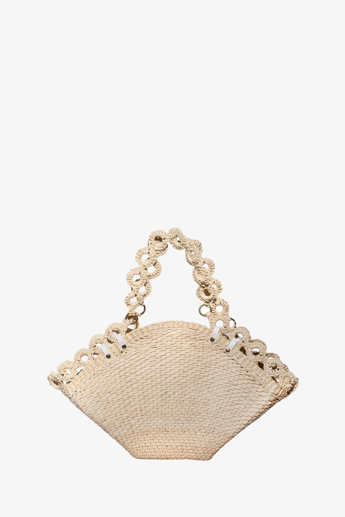 The Thick Weave Maxi Basket Tote in NATURAL features a fan-shaped woven straw body, scalloped top edge, and matching braided handles, shown against a plain white background.