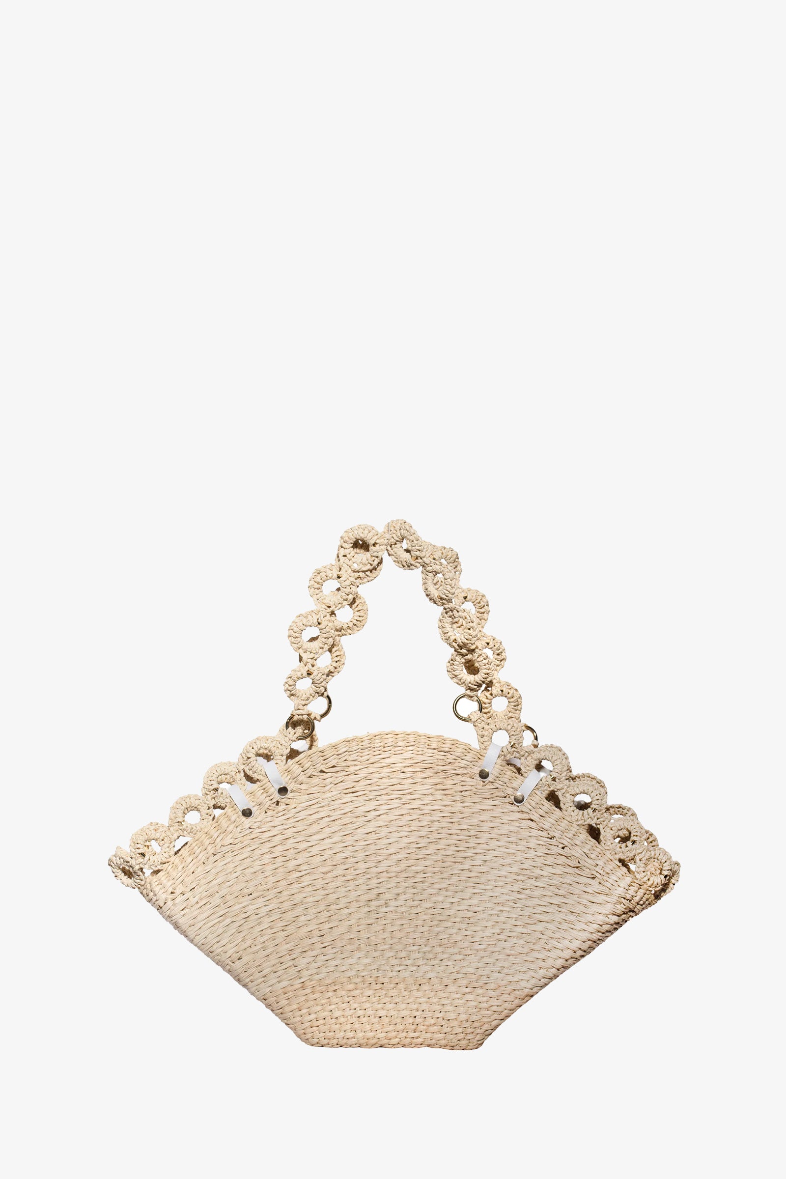 The Thick Weave Maxi Basket Tote in NATURAL features a fan-shaped woven straw body, scalloped top edge, and matching braided handles, shown against a plain white background.
