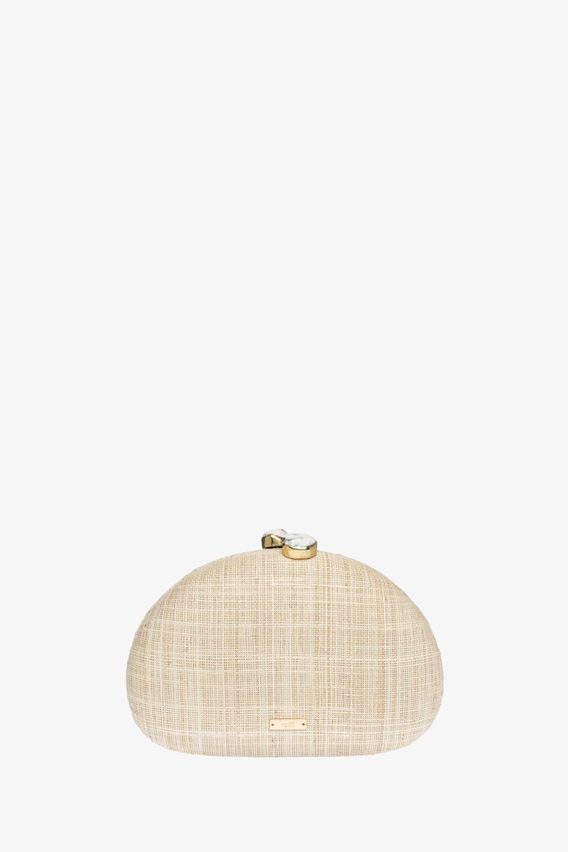 The RAFE BERNA LEMON CLUTCH is a small, dome-shaped beige woven purse with a gold clasp and a rectangular gold label on the front, shown against a plain white background.