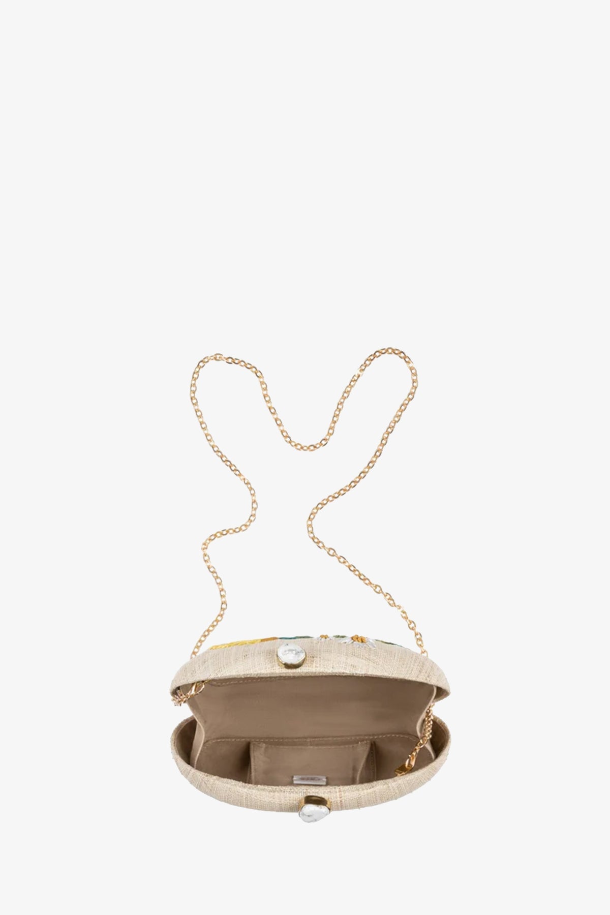 The RAFE BERNA LEMON CLUTCH, a small beige purse with a gold chain strap, is displayed open to showcase its interior compartments against a plain white background.