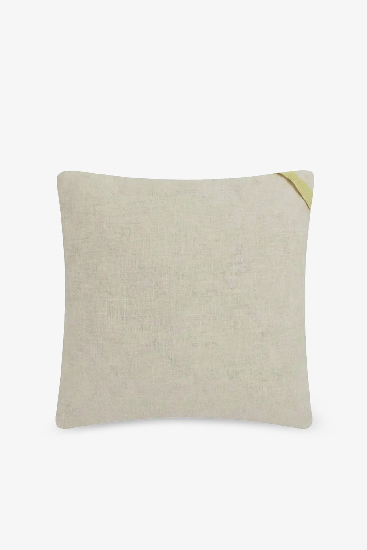 The Shante Embroidered Square Pillow is a rectangular, light beige pillow featuring a small yellow fabric accent on the top right corner, shown against a plain white background.